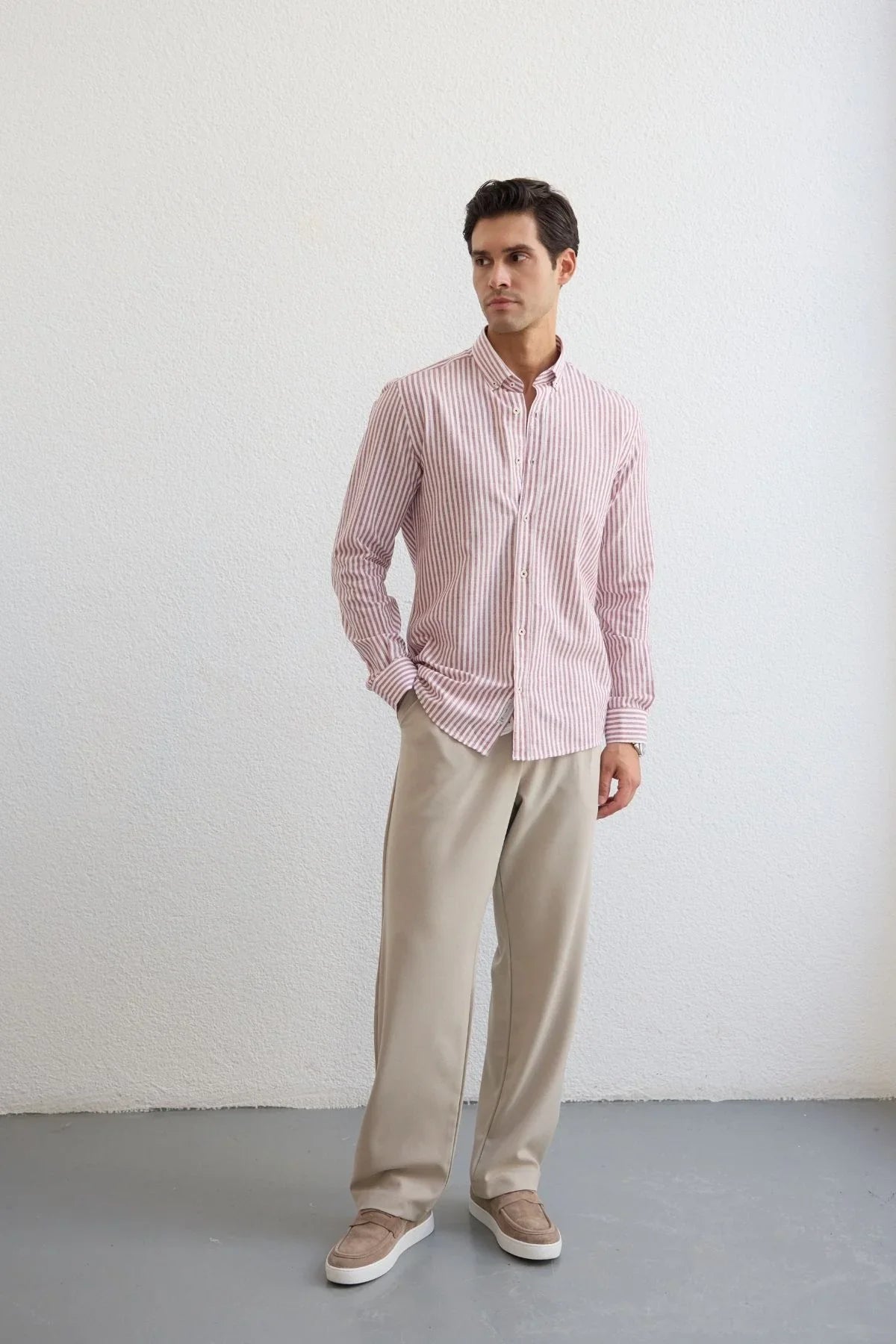 senoc-erkek-gomlek-modern-slim-fit-keten-gorunumlu-kalin-cizgili-24276 - Livio Ferri