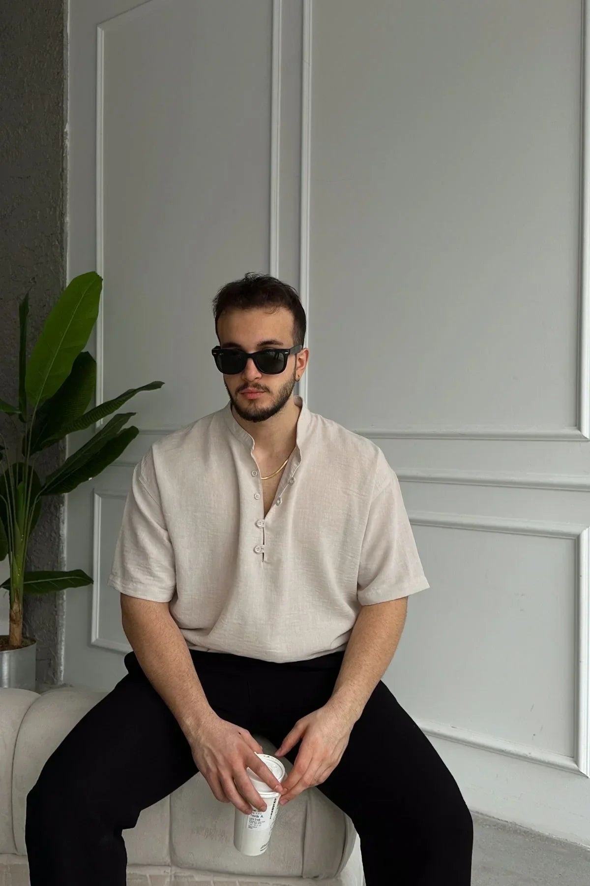 Soro Erkek Oversize Keten Görünümlü Kısa Kol Hakim Yaka Yarım Pat Gömlek - Livio Ferri
