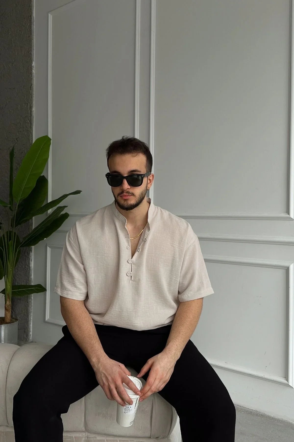 Soro Erkek Oversize Keten Görünümlü Kısa Kol Hakim Yaka Yarım Pat Gömlek - Livio Ferri