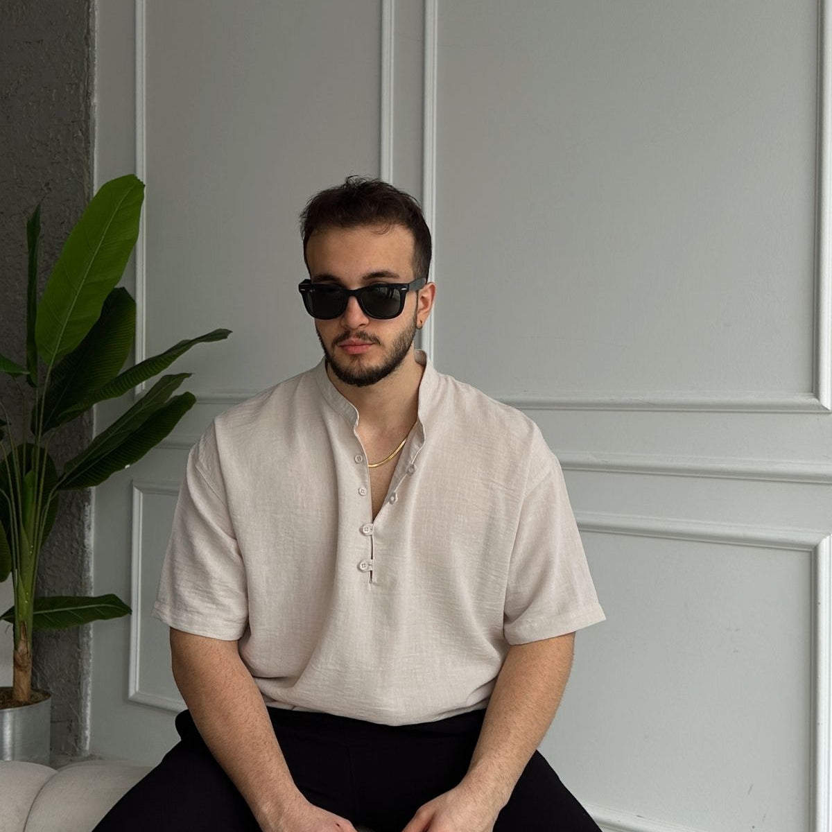 Soro Erkek Oversize Keten Görünümlü Kısa Kol Hakim Yaka Yarım Pat Gömlek