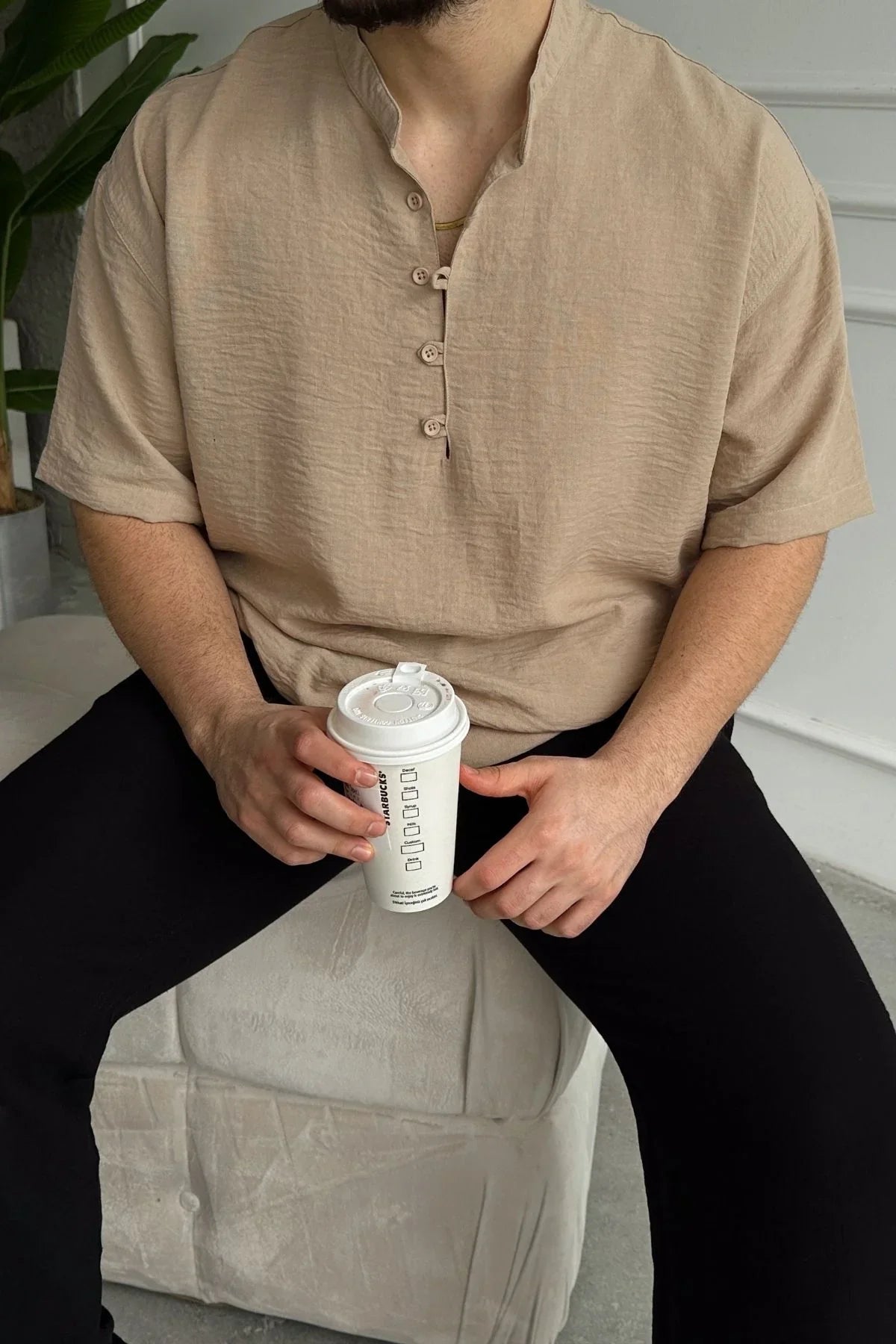 Soro Erkek Oversize Keten Görünümlü Kısa Kol Hakim Yaka Yarım Pat Gömlek - Livio Ferri