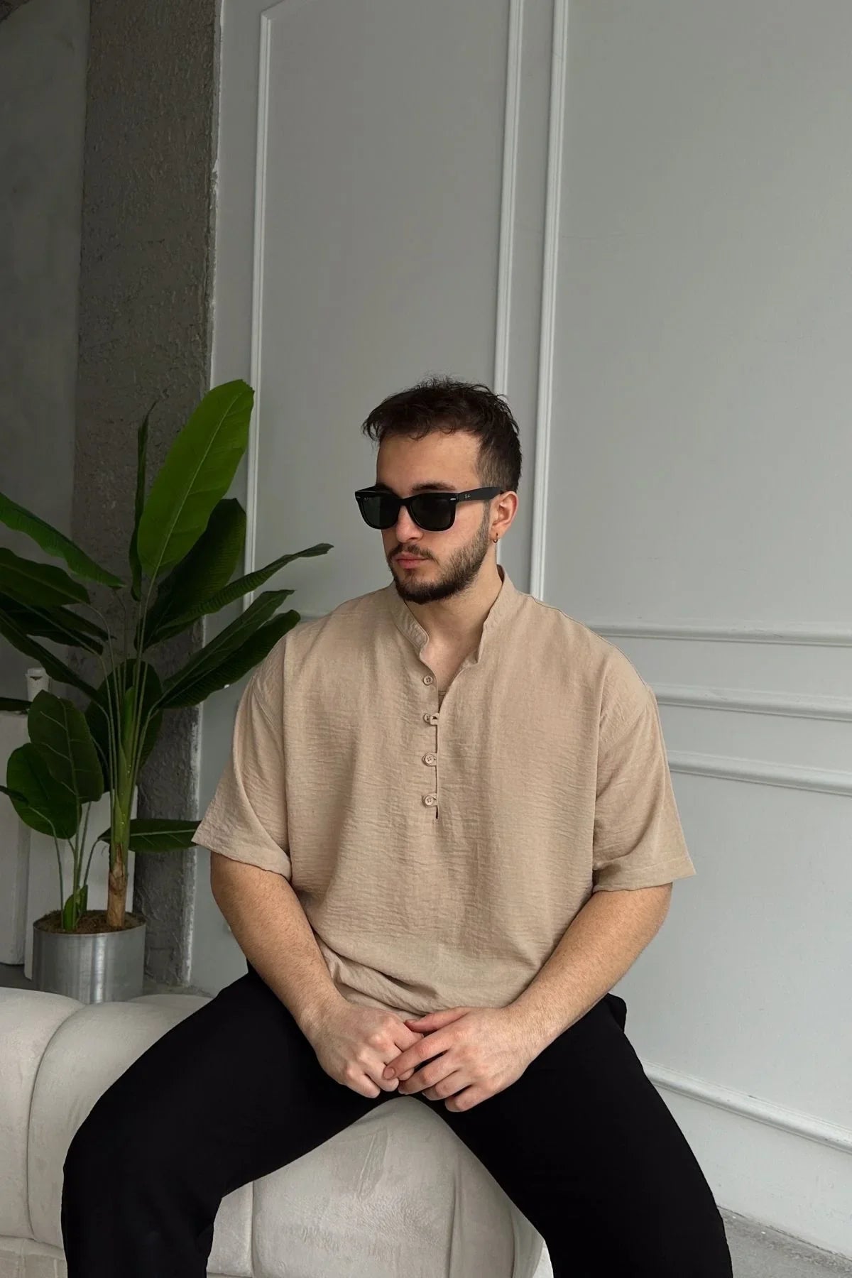 Soro Erkek Oversize Keten Görünümlü Kısa Kol Hakim Yaka Yarım Pat Gömlek - Livio Ferri