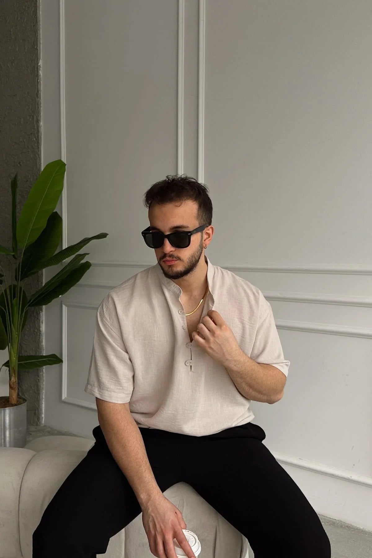 Soro Erkek Oversize Keten Görünümlü Kısa Kol Hakim Yaka Yarım Pat Gömlek - Livio Ferri