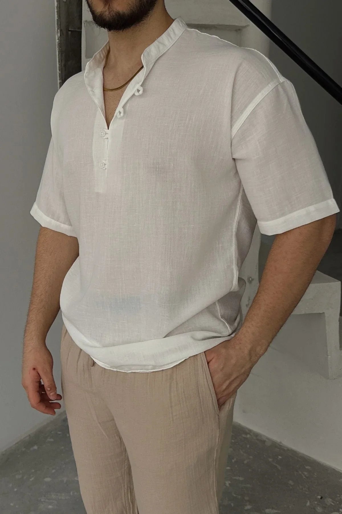 Soro Erkek Oversize Keten Görünümlü Kısa Kol Hakim Yaka Yarım Pat Gömlek - Livio Ferri