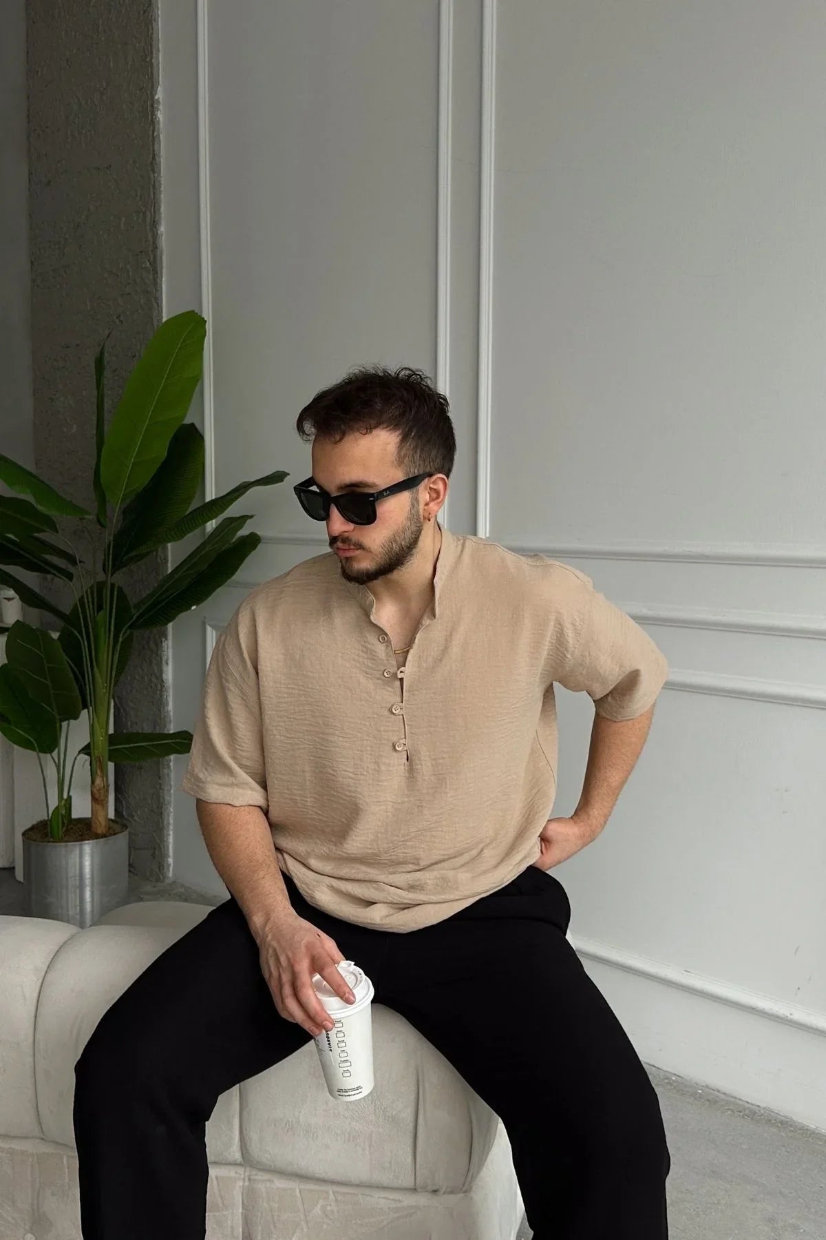 Soro Erkek Oversize Keten Görünümlü Kısa Kol Hakim Yaka Yarım Pat Gömlek - Livio Ferri