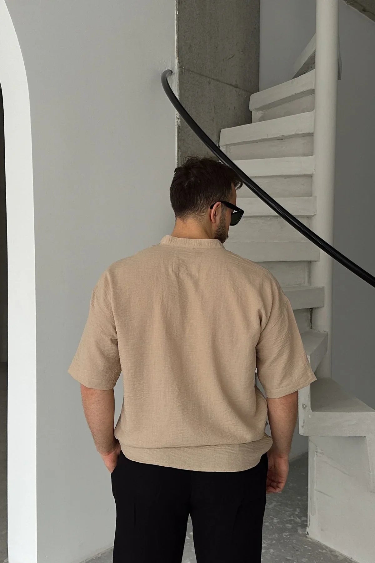 Soro Erkek Oversize Keten Görünümlü Kısa Kol Hakim Yaka Yarım Pat Gömlek - Livio Ferri