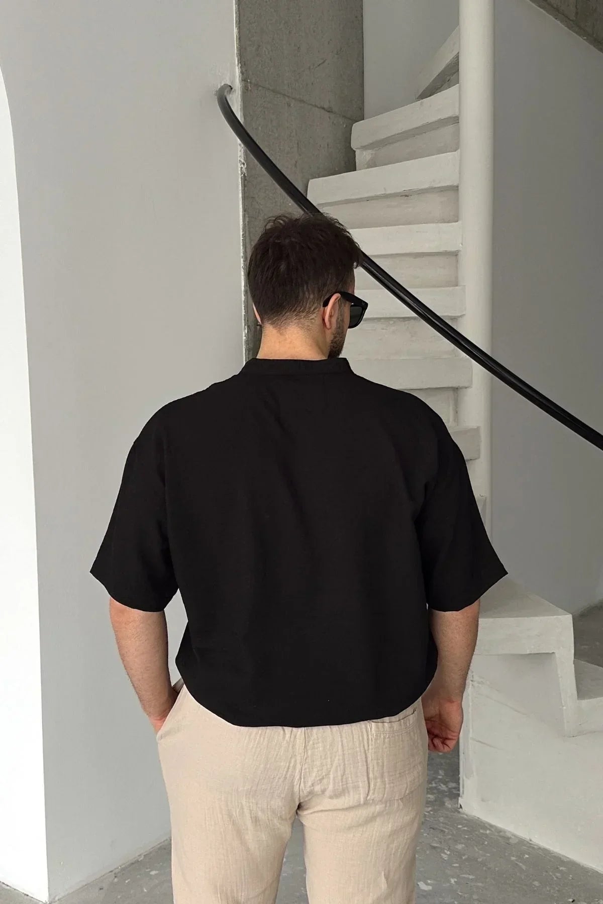 Soro Erkek Oversize Keten Görünümlü Kısa Kol Hakim Yaka Yarım Pat Gömlek - Livio Ferri