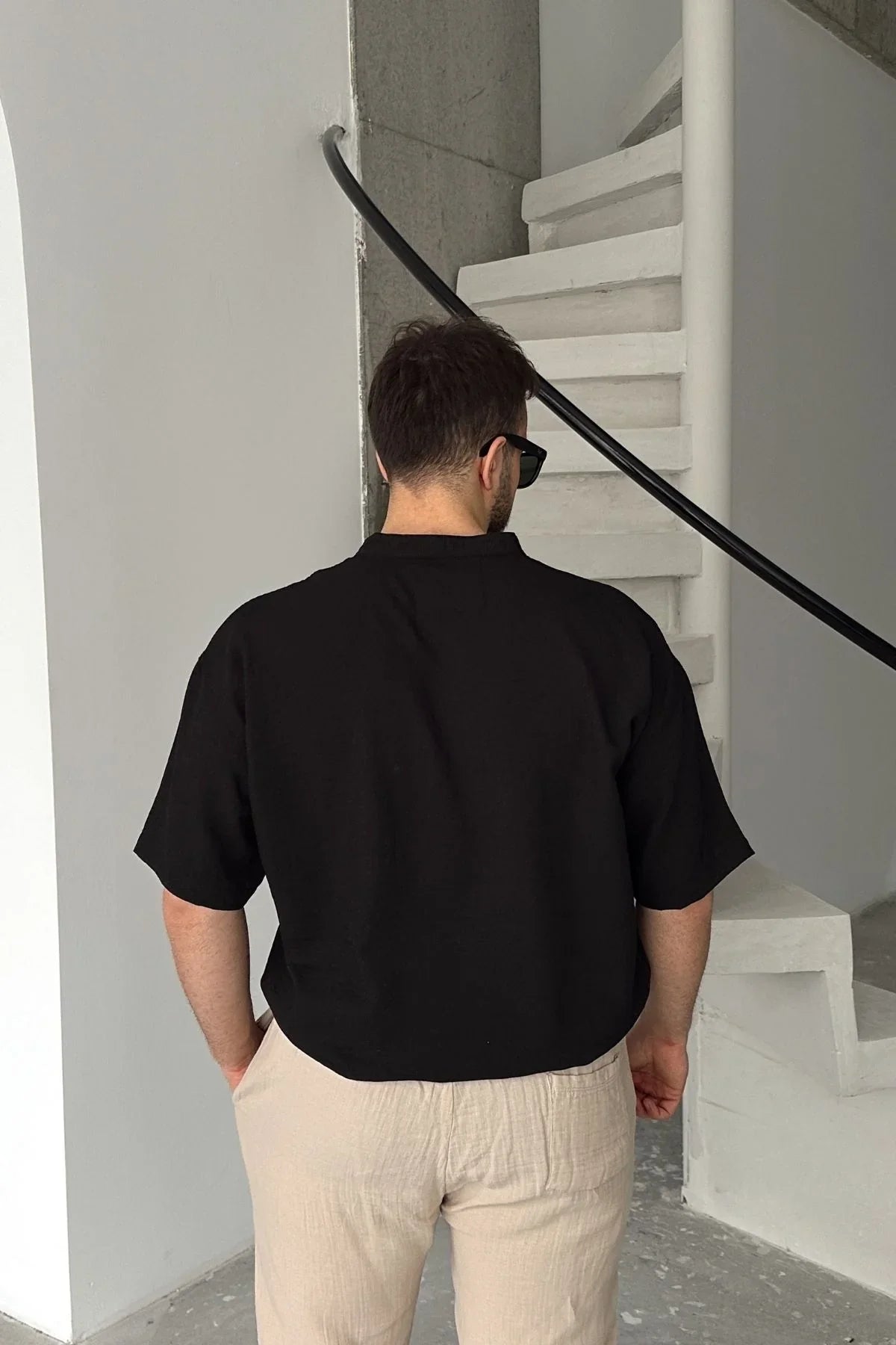 Soro Erkek Oversize Keten Görünümlü Kısa Kol Hakim Yaka Yarım Pat Gömlek - Livio Ferri