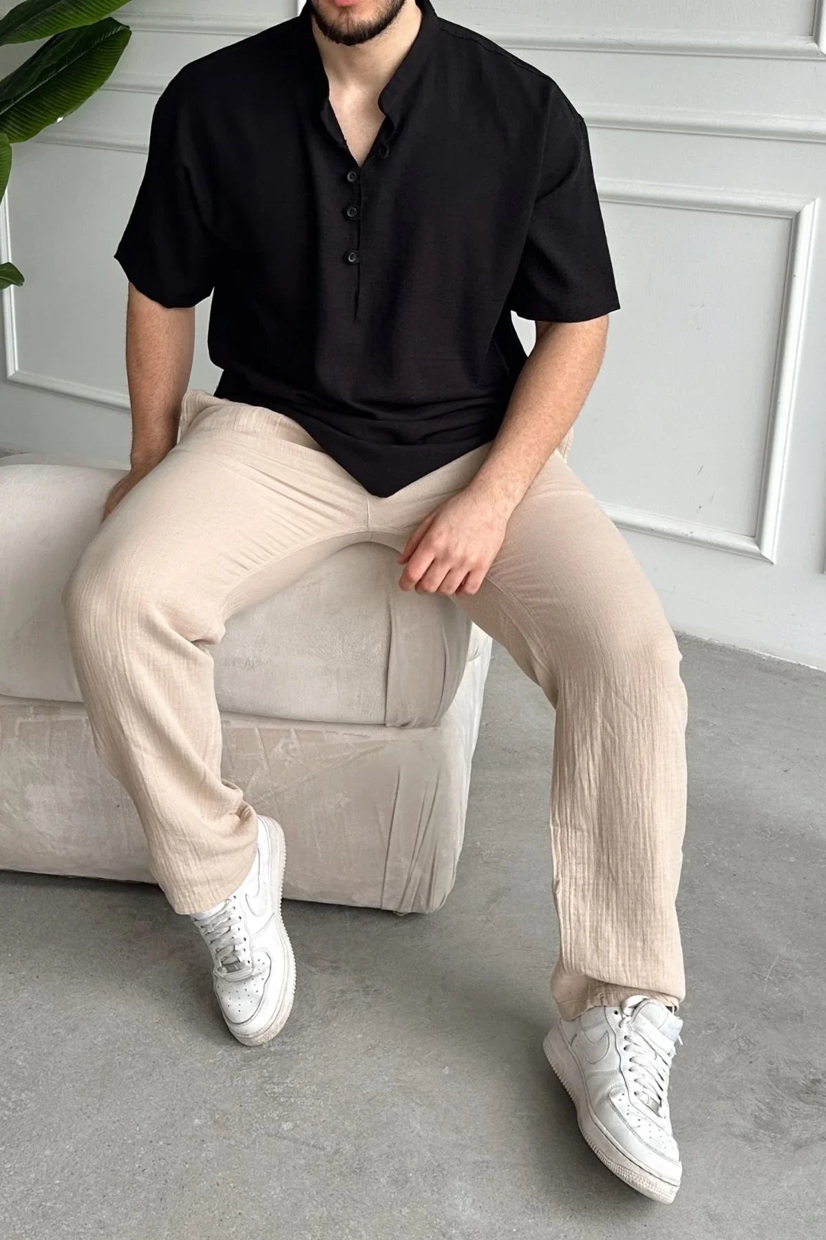 Soro Erkek Oversize Keten Görünümlü Kısa Kol Hakim Yaka Yarım Pat Gömlek - Livio Ferri