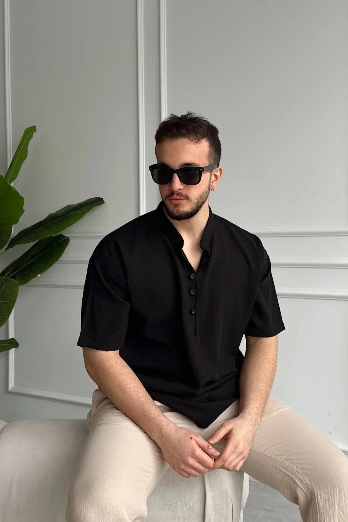 Soro Erkek Oversize Keten Görünümlü Kısa Kol Hakim Yaka Yarım Pat Gömlek - Livio Ferri