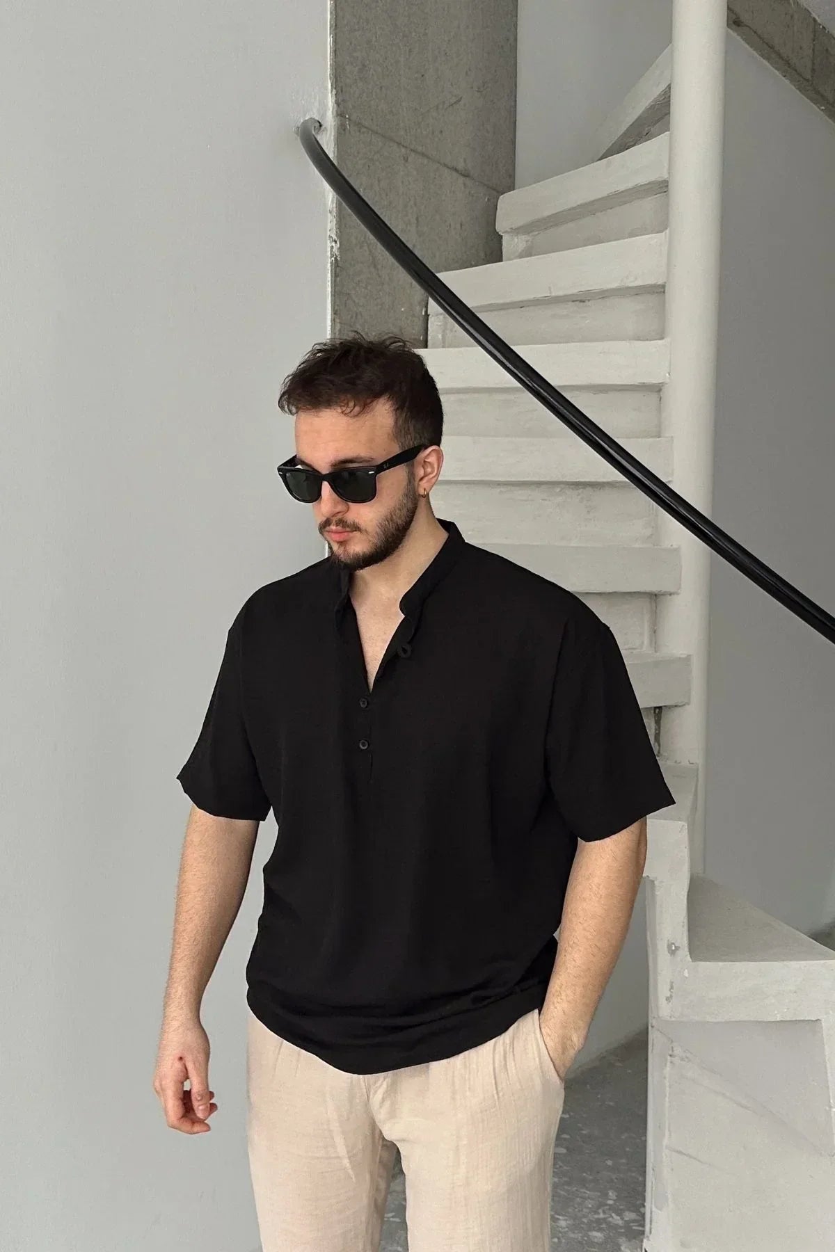 Soro Erkek Oversize Keten Görünümlü Kısa Kol Hakim Yaka Yarım Pat Gömlek - Livio Ferri