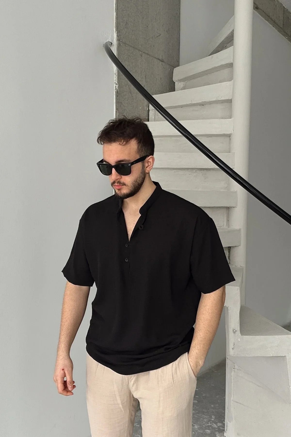 Soro Erkek Oversize Keten Görünümlü Kısa Kol Hakim Yaka Yarım Pat Gömlek - Livio Ferri