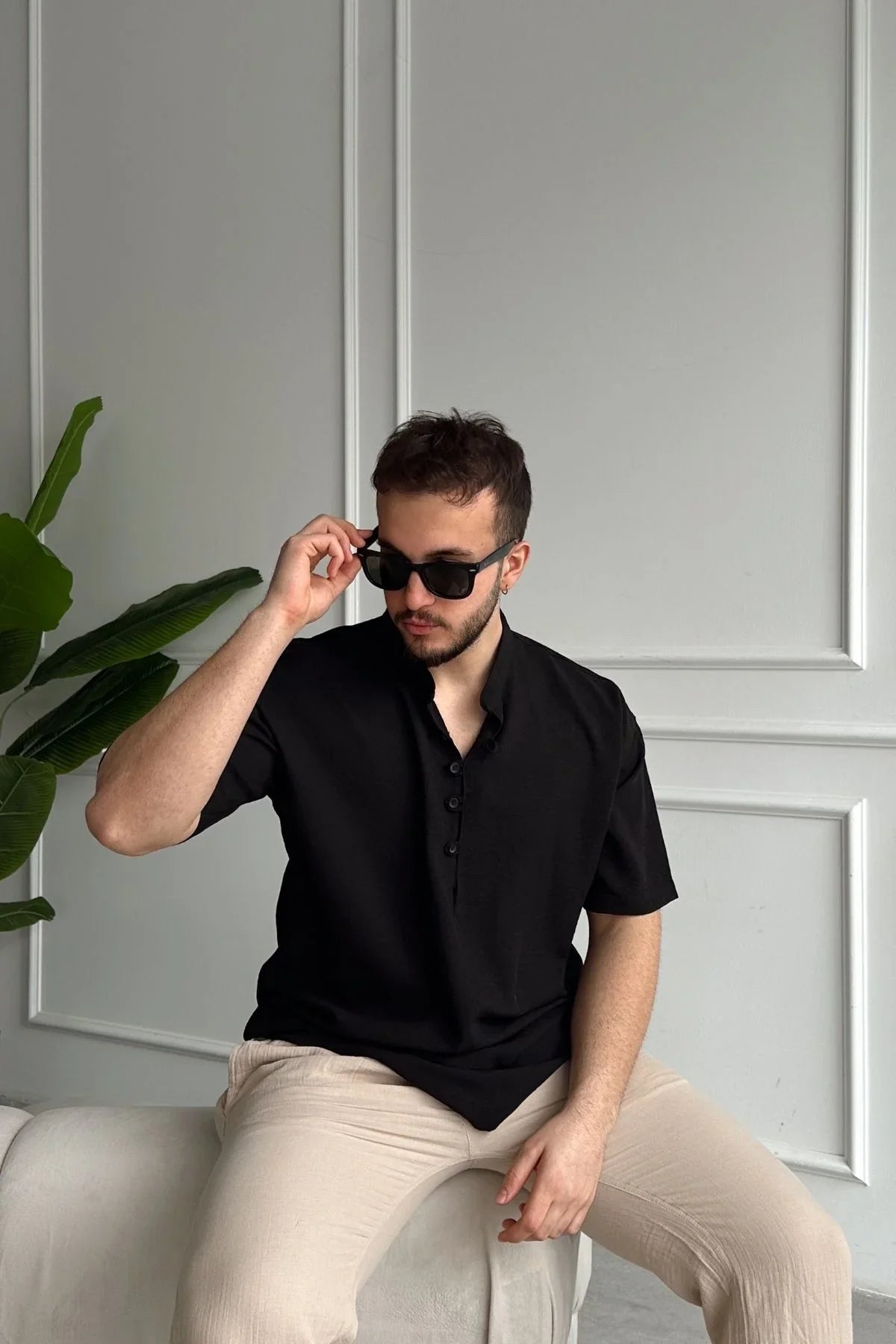 Soro Erkek Oversize Keten Görünümlü Kısa Kol Hakim Yaka Yarım Pat Gömlek - Livio Ferri