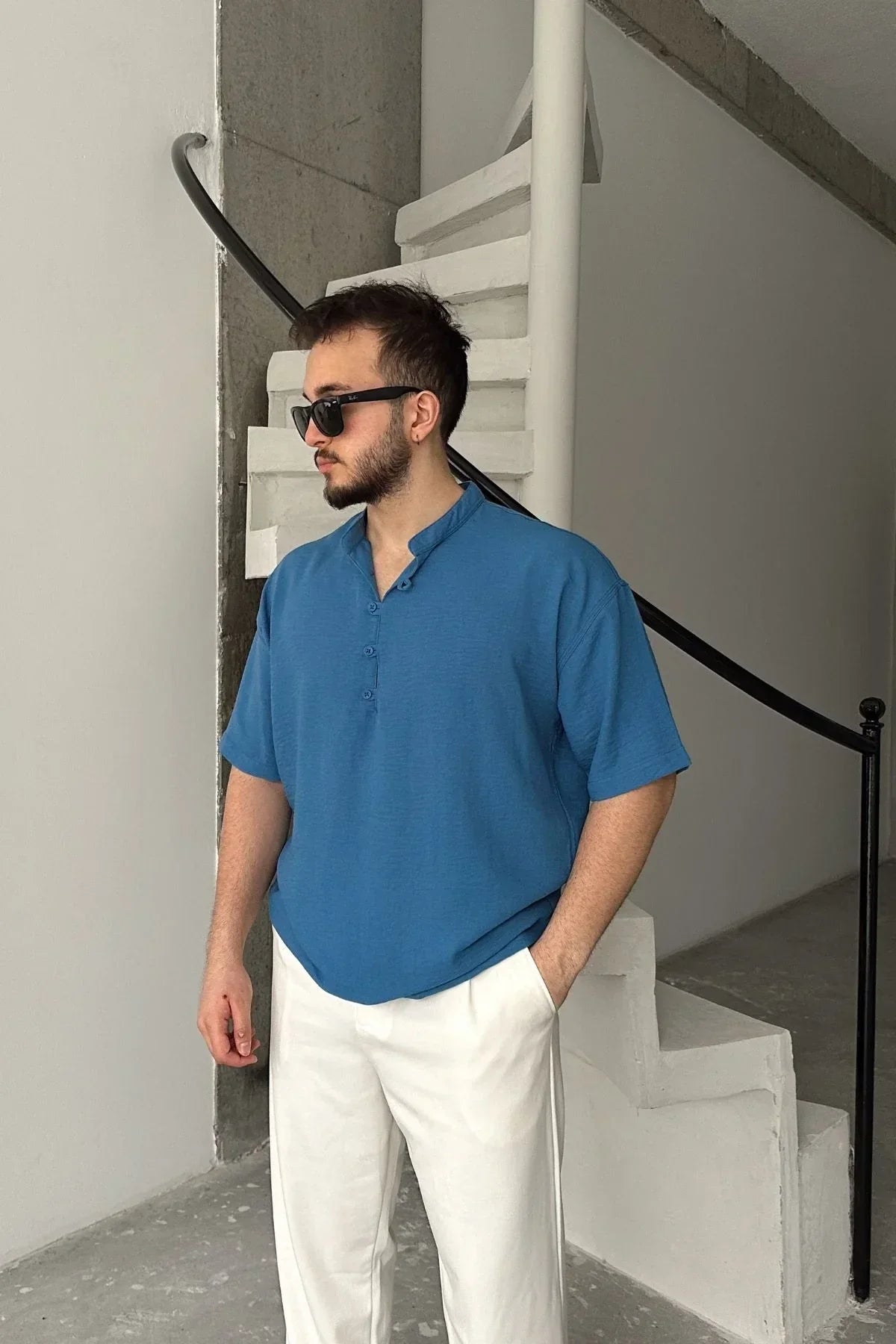 Soro Erkek Oversize Keten Görünümlü Kısa Kol Hakim Yaka Yarım Pat Gömlek - Livio Ferri