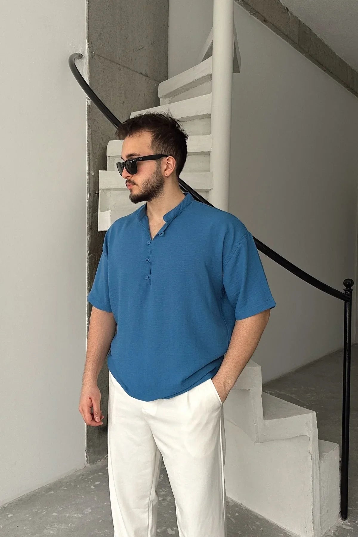 Soro Erkek Oversize Keten Görünümlü Kısa Kol Hakim Yaka Yarım Pat Gömlek - Livio Ferri