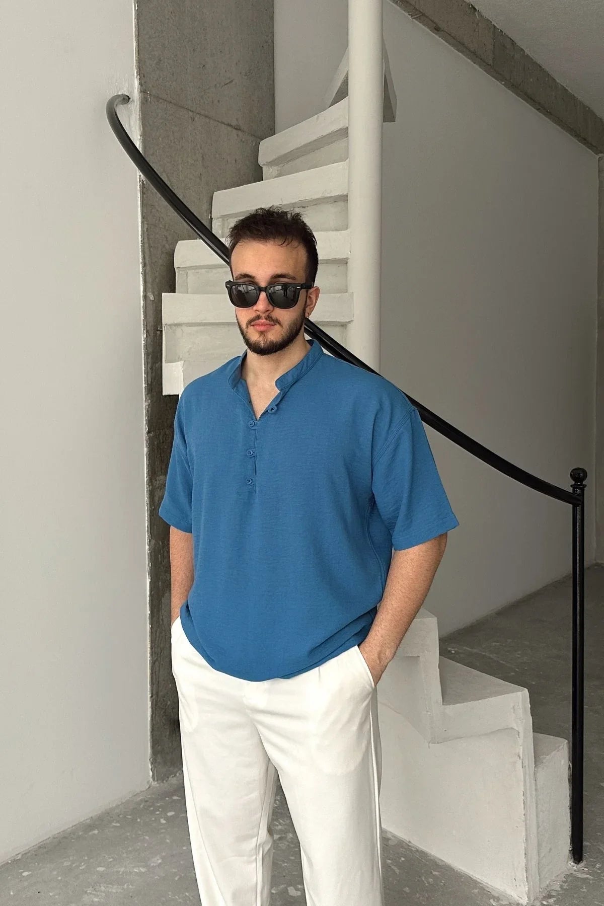 Soro Erkek Oversize Keten Görünümlü Kısa Kol Hakim Yaka Yarım Pat Gömlek - Livio Ferri