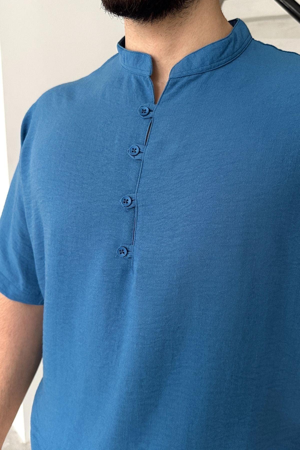 Soro Erkek Oversize Keten Görünümlü Kısa Kol Hakim Yaka Yarım Pat Gömlek - Livio Ferri