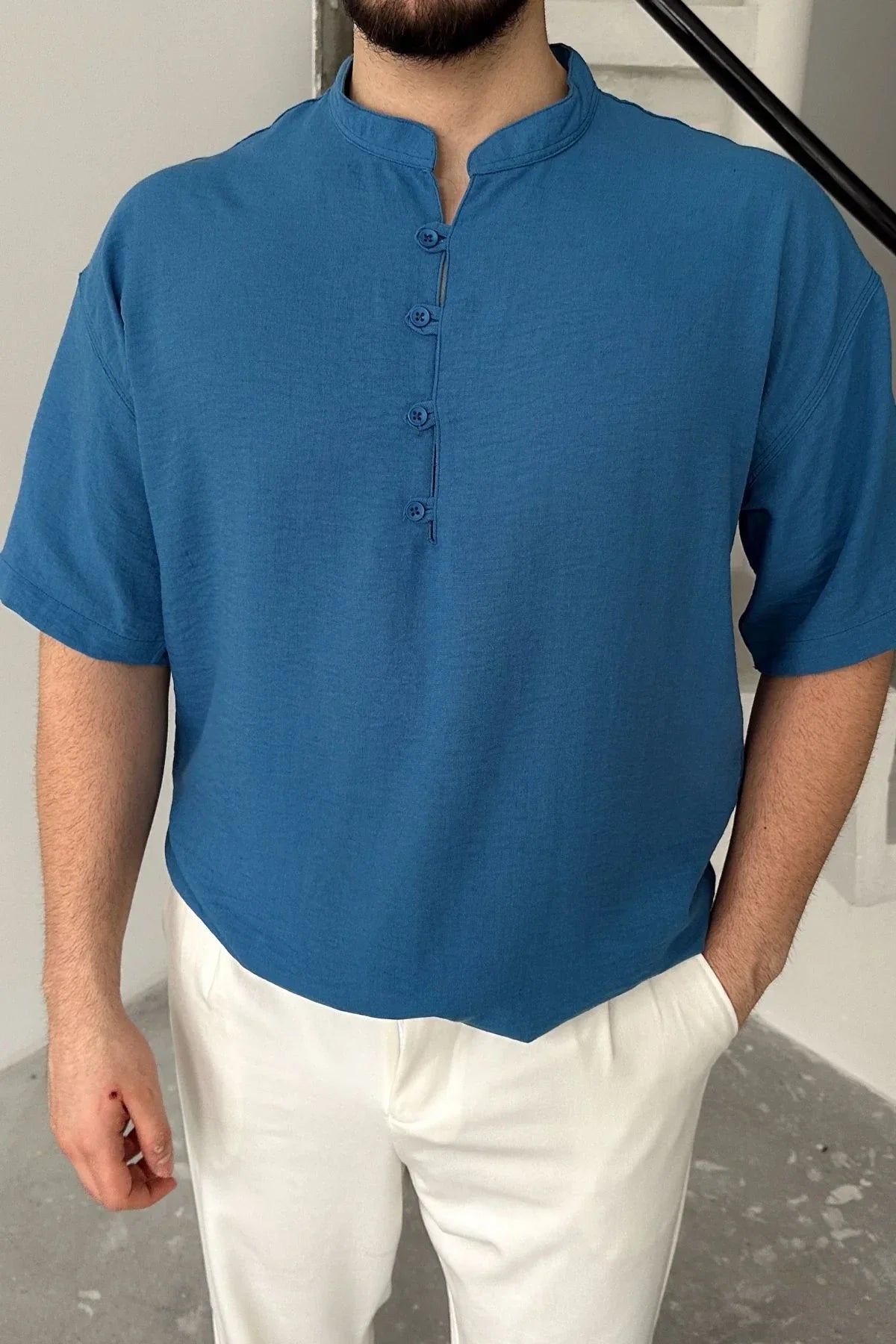 Soro Erkek Oversize Keten Görünümlü Kısa Kol Hakim Yaka Yarım Pat Gömlek - Livio Ferri