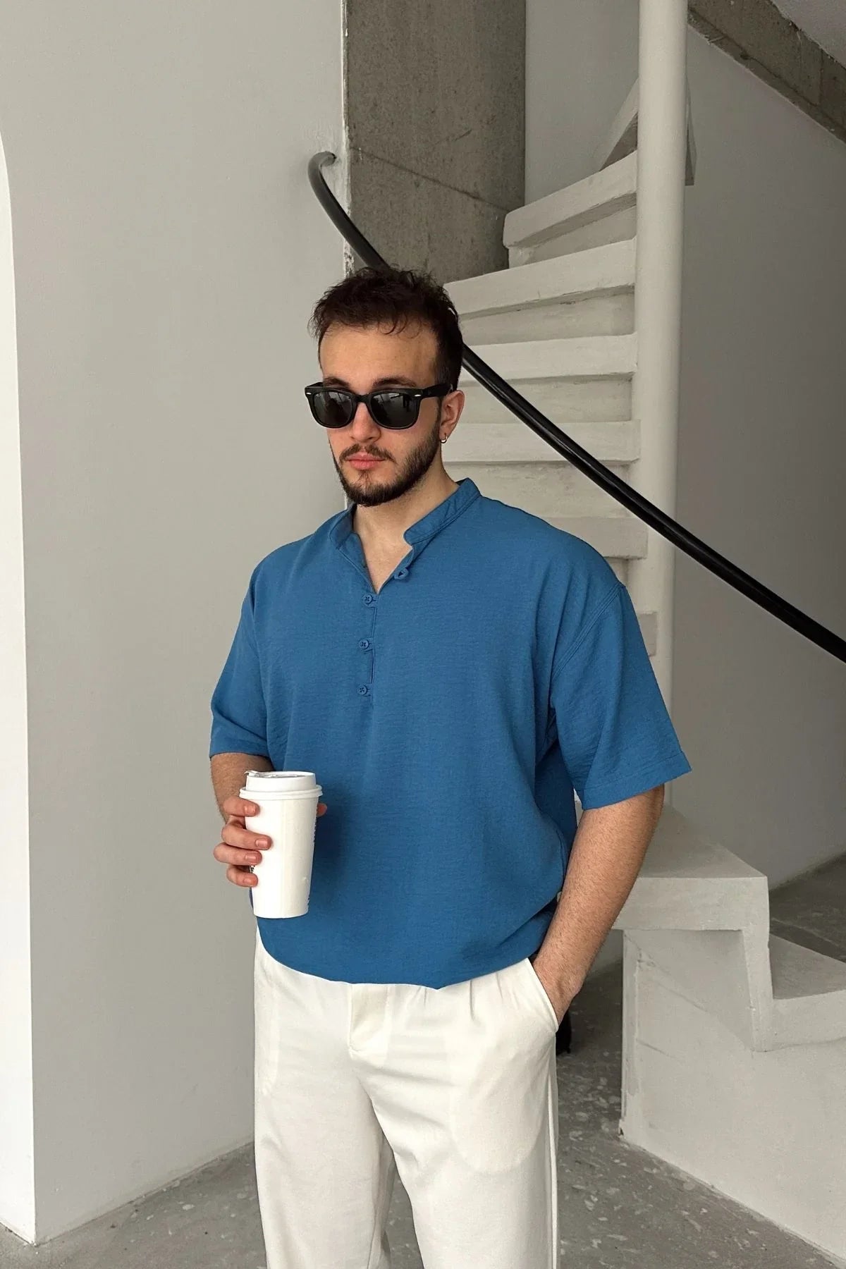 Soro Erkek Oversize Keten Görünümlü Kısa Kol Hakim Yaka Yarım Pat Gömlek - Livio Ferri