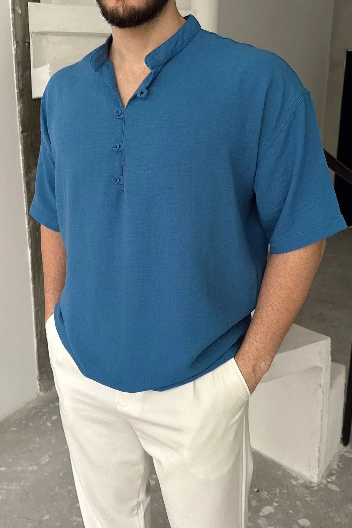 Soro Erkek Oversize Keten Görünümlü Kısa Kol Hakim Yaka Yarım Pat Gömlek - Livio Ferri