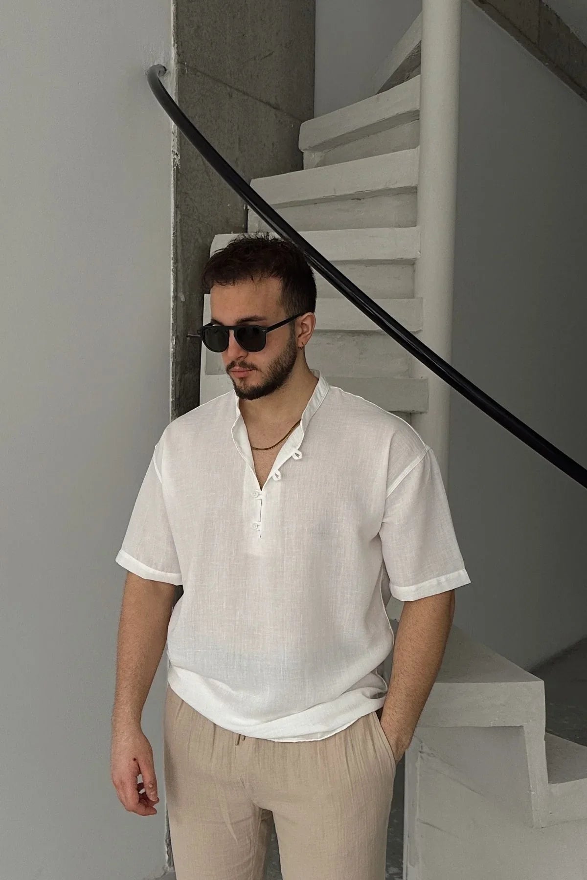 Soro Erkek Oversize Keten Görünümlü Kısa Kol Hakim Yaka Yarım Pat Gömlek - Livio Ferri