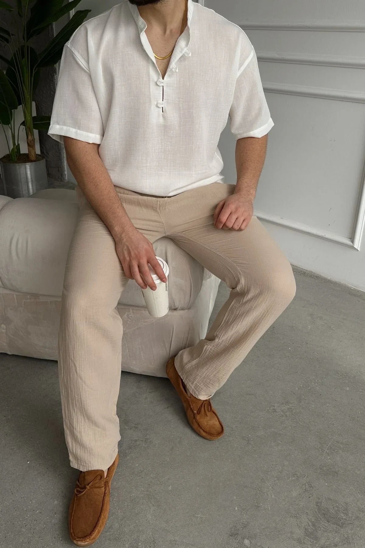 Soro Erkek Oversize Keten Görünümlü Kısa Kol Hakim Yaka Yarım Pat Gömlek - Livio Ferri