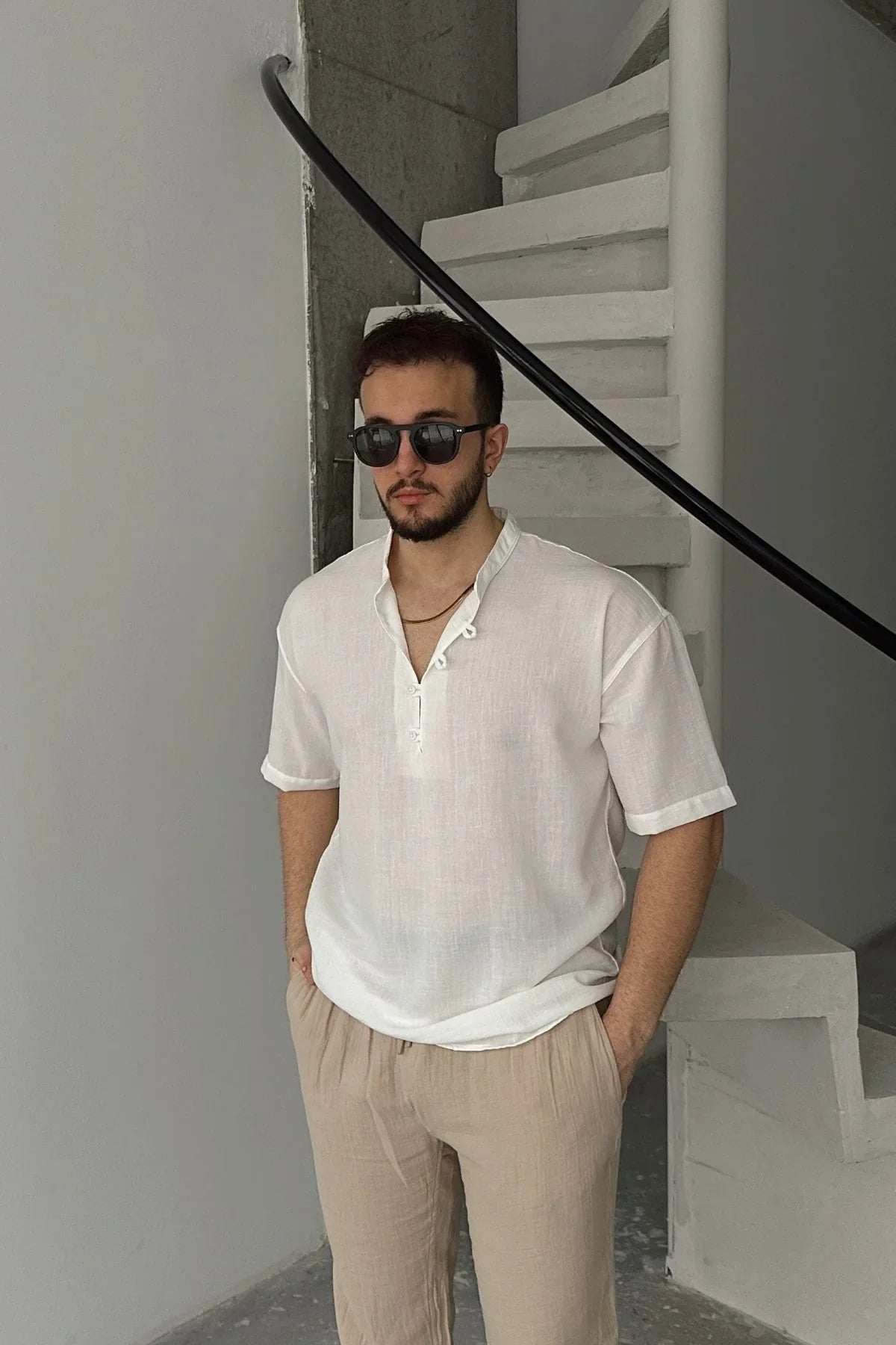 Soro Erkek Oversize Keten Görünümlü Kısa Kol Hakim Yaka Yarım Pat Gömlek - Livio Ferri