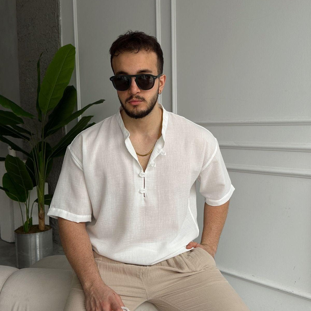 Soro Erkek Oversize Keten Görünümlü Kısa Kol Hakim Yaka Yarım Pat Gömlek
