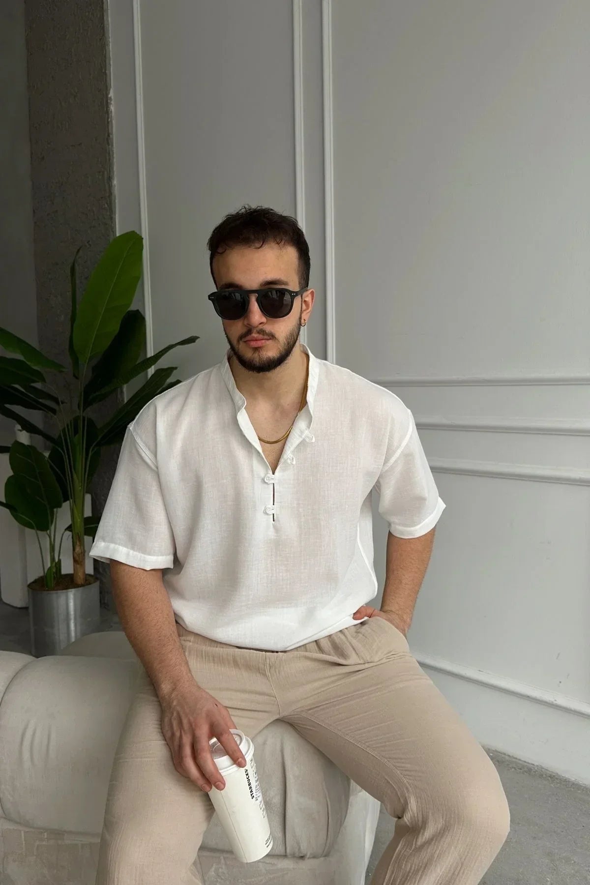 Soro Erkek Oversize Keten Görünümlü Kısa Kol Hakim Yaka Yarım Pat Gömlek - Livio Ferri