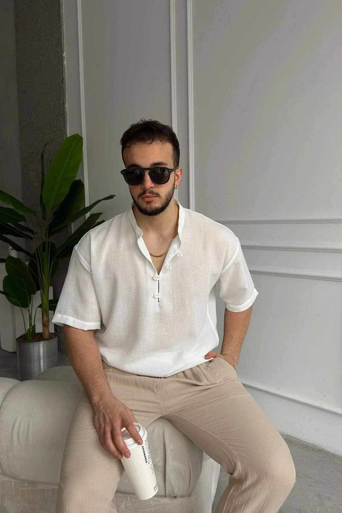 Soro Erkek Oversize Keten Görünümlü Kısa Kol Hakim Yaka Yarım Pat Gömlek - Livio Ferri