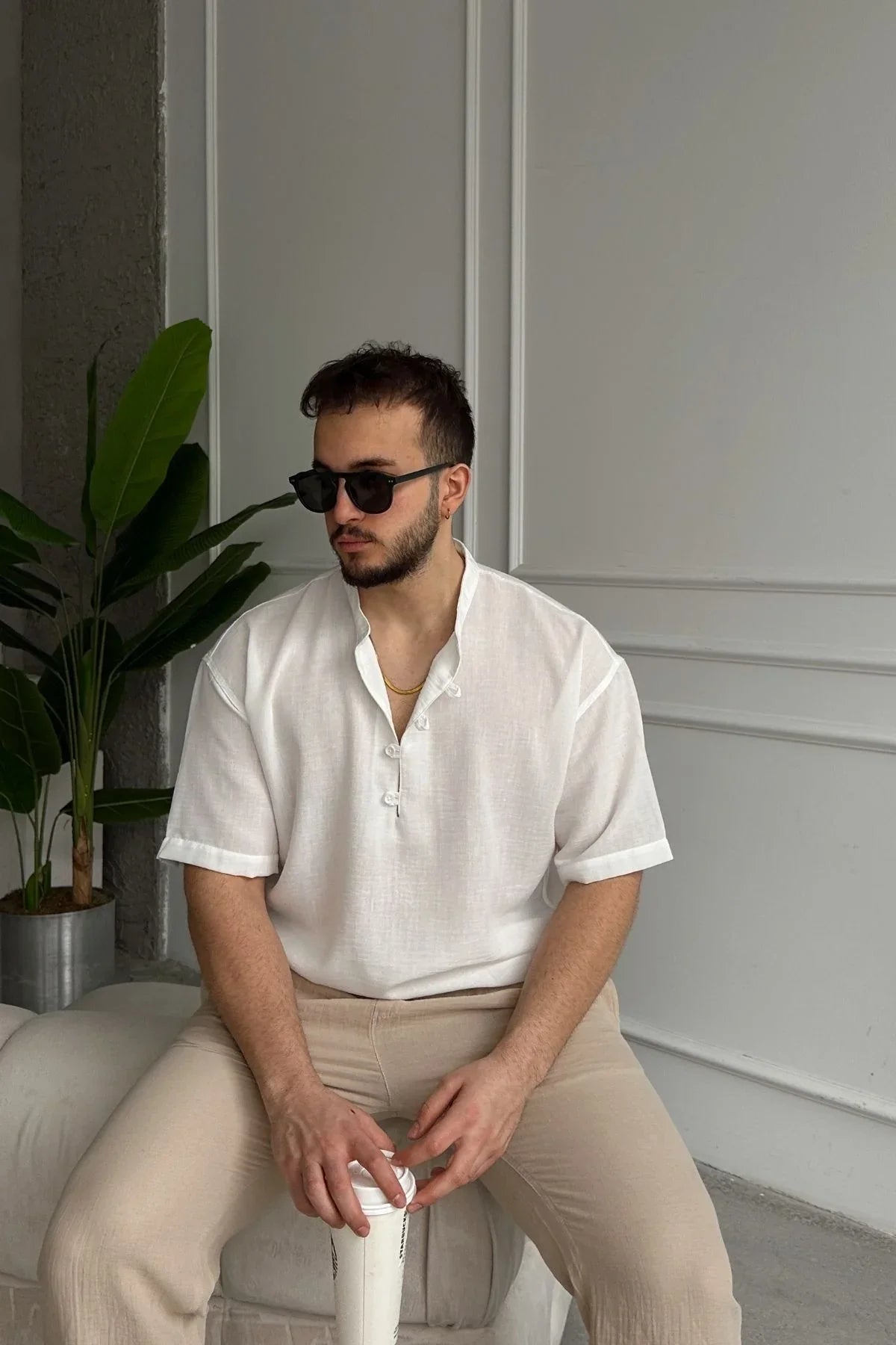 Soro Erkek Oversize Keten Görünümlü Kısa Kol Hakim Yaka Yarım Pat Gömlek - Livio Ferri