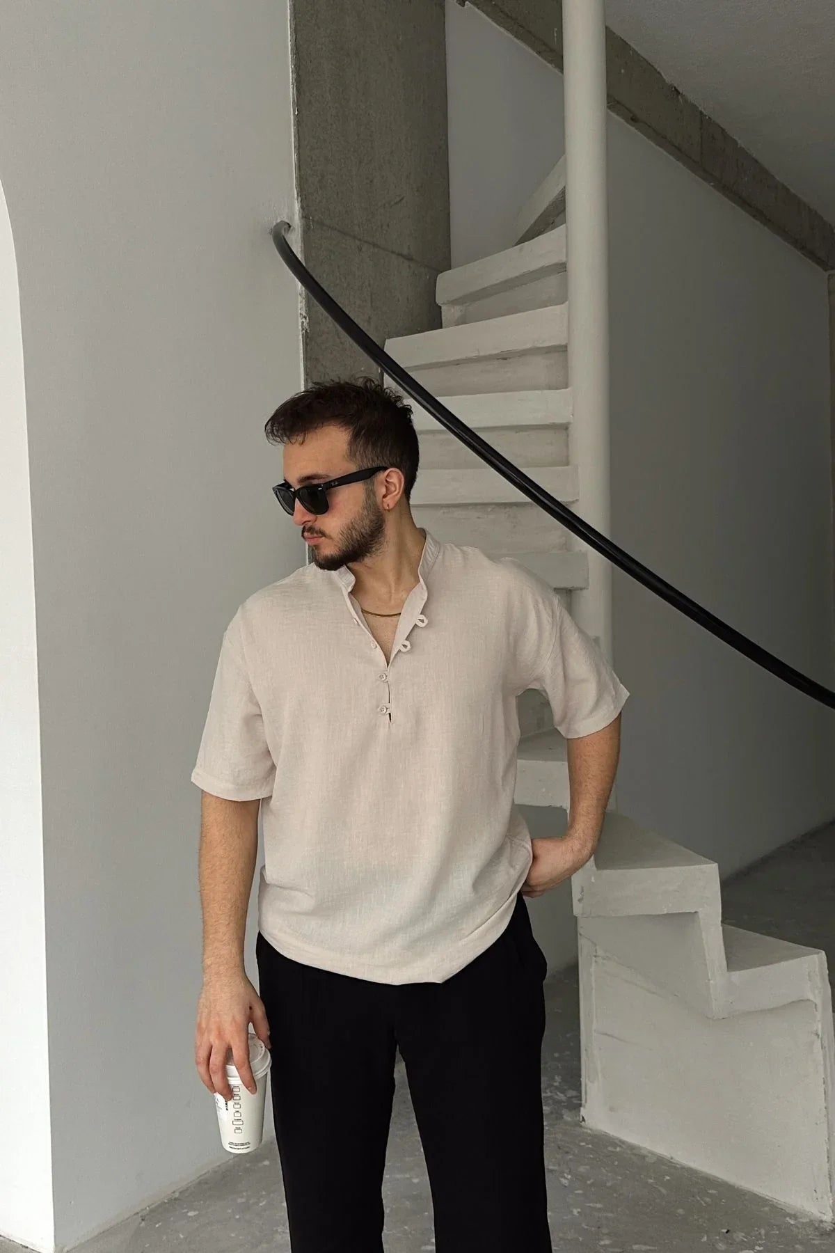 Soro Erkek Oversize Keten Görünümlü Kısa Kol Hakim Yaka Yarım Pat Gömlek - Livio Ferri