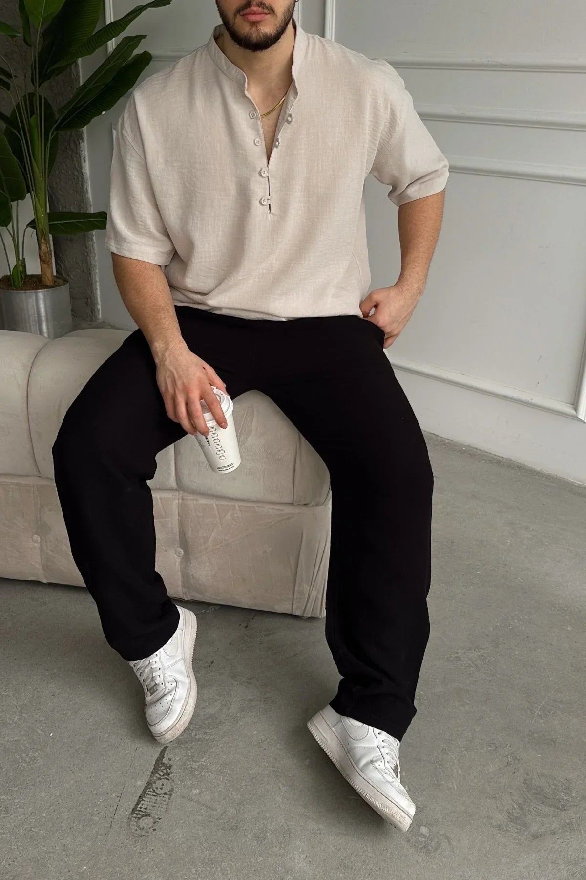 Soro Erkek Oversize Keten Görünümlü Kısa Kol Hakim Yaka Yarım Pat Gömlek - Livio Ferri