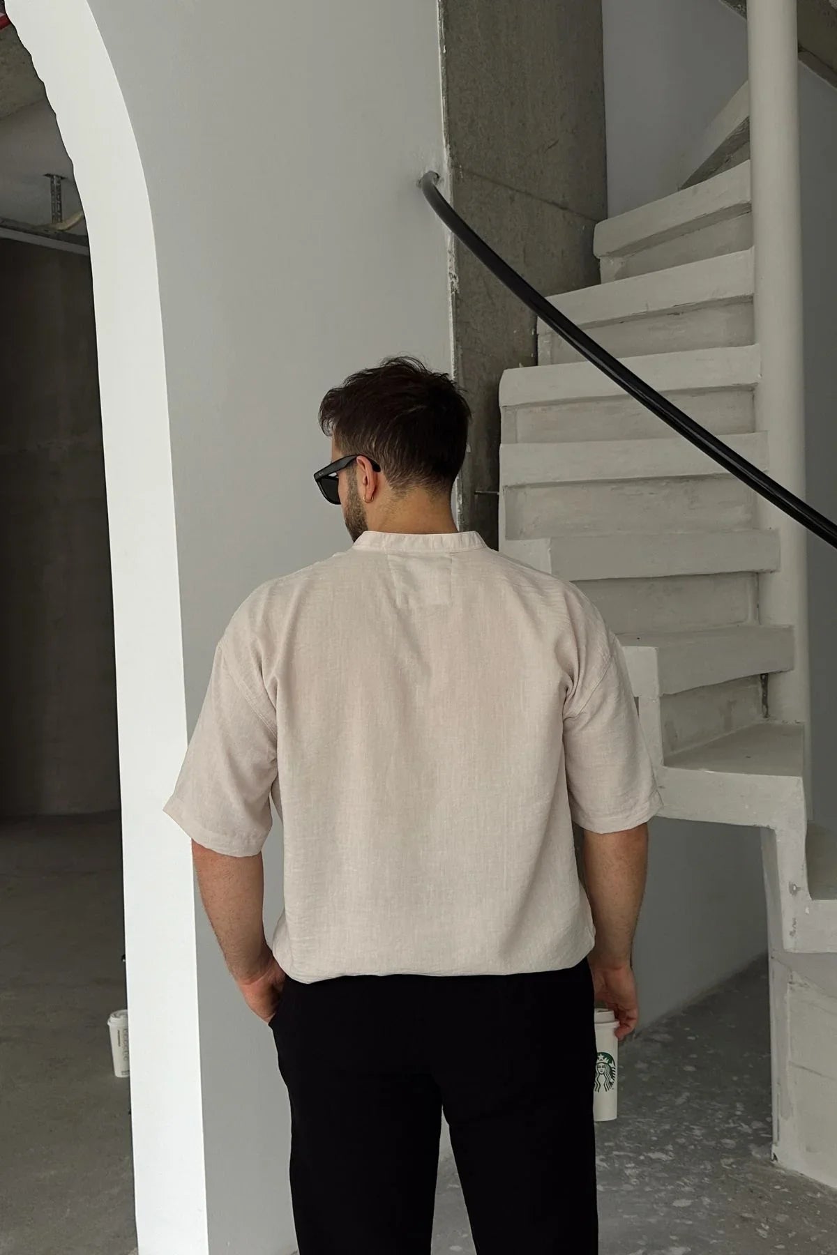 Soro Erkek Oversize Keten Görünümlü Kısa Kol Hakim Yaka Yarım Pat Gömlek - Livio Ferri