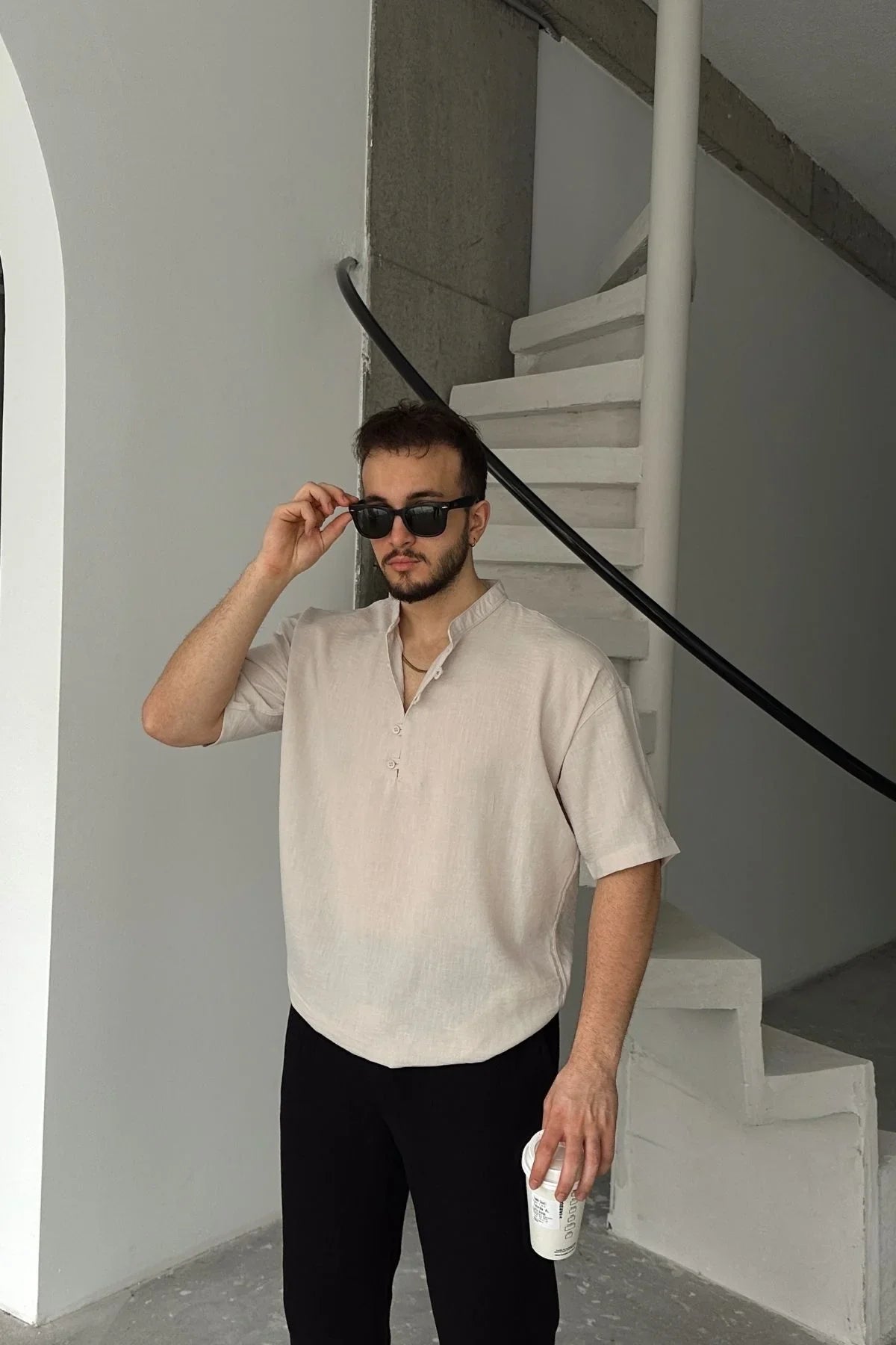 Soro Erkek Oversize Keten Görünümlü Kısa Kol Hakim Yaka Yarım Pat Gömlek - Livio Ferri