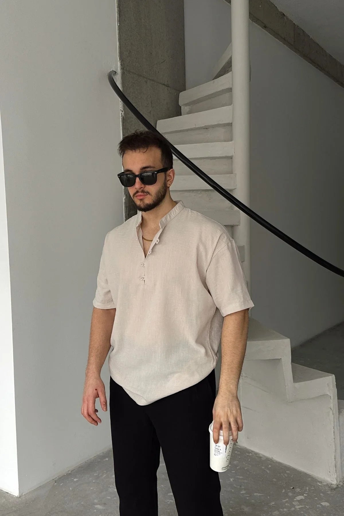 Soro Erkek Oversize Keten Görünümlü Kısa Kol Hakim Yaka Yarım Pat Gömlek - Livio Ferri