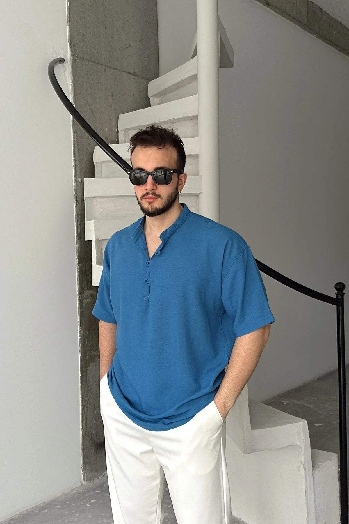 Soro Erkek Oversize Keten Görünümlü Kısa Kol Hakim Yaka Yarım Pat Gömlek - Livio Ferri