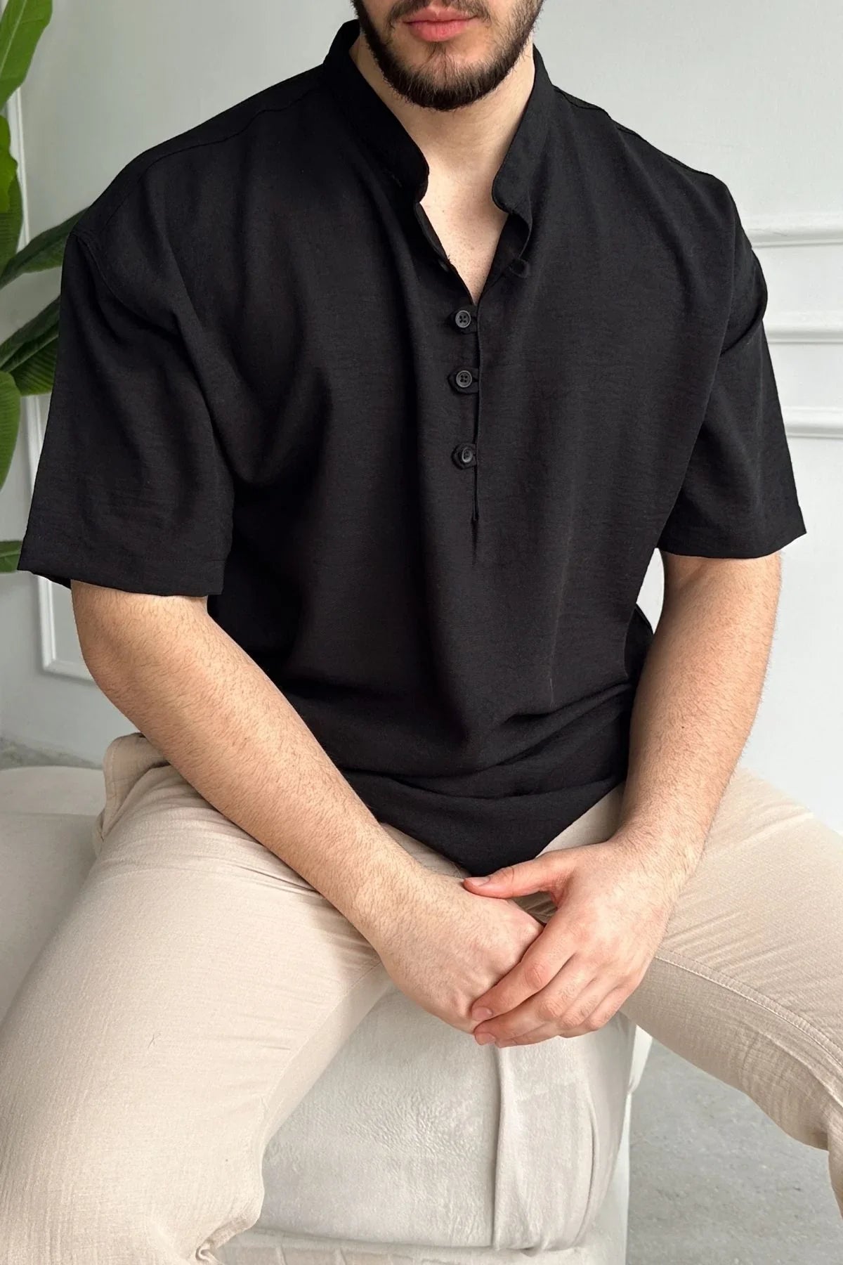 Soro Erkek Oversize Keten Görünümlü Kısa Kol Hakim Yaka Yarım Pat Gömlek - Livio Ferri