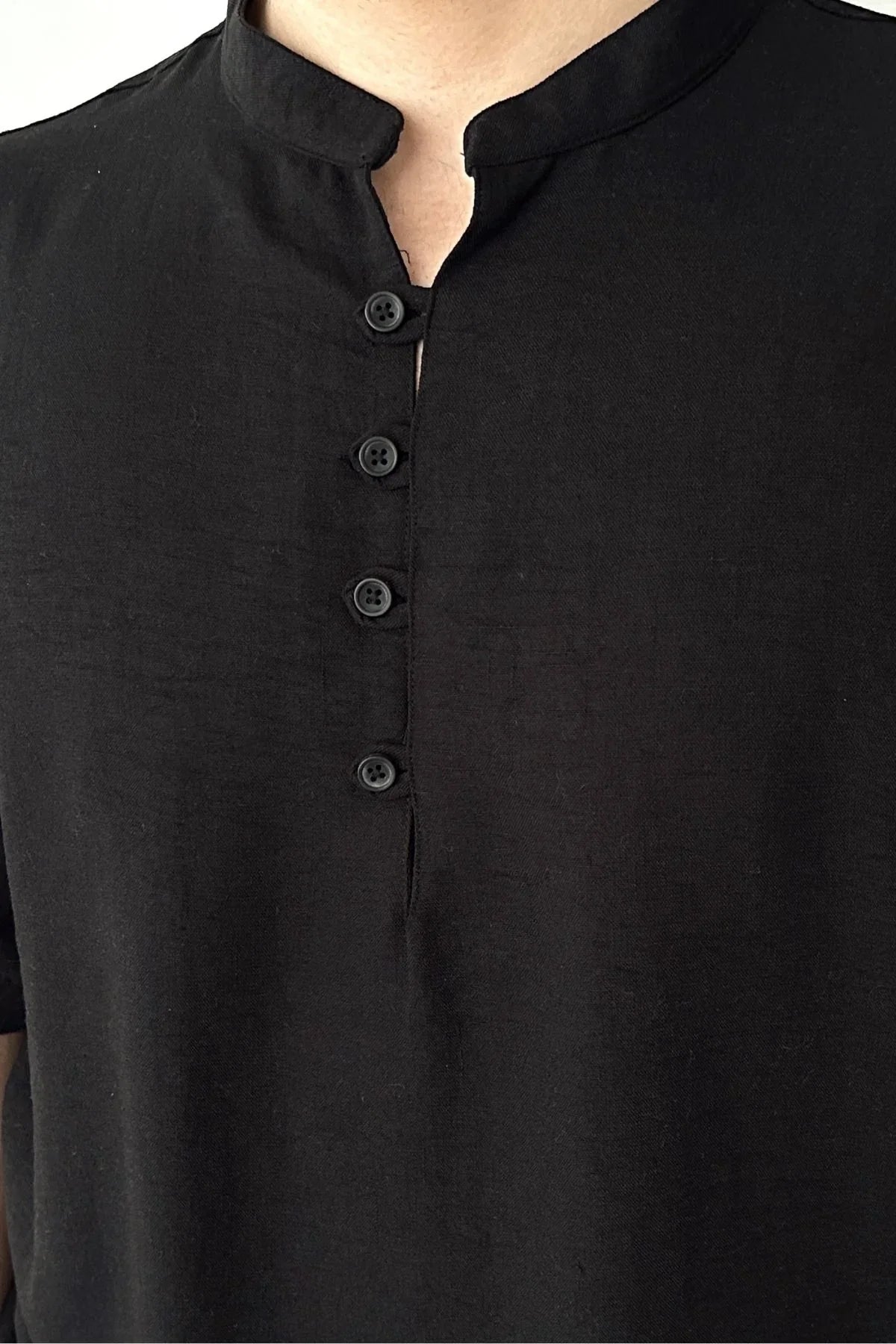 Soro Erkek Oversize Keten Görünümlü Kısa Kol Hakim Yaka Yarım Pat Gömlek - Livio Ferri