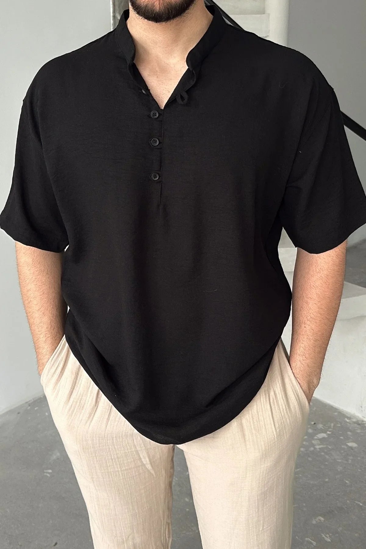 Soro Erkek Oversize Keten Görünümlü Kısa Kol Hakim Yaka Yarım Pat Gömlek - Livio Ferri