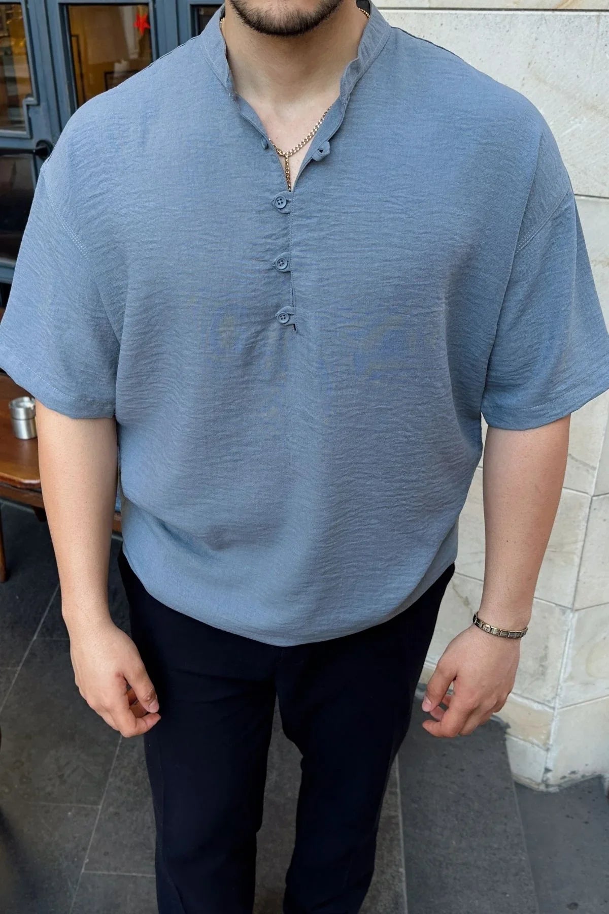 Soro Erkek Oversize Keten Görünümlü Kısa Kol Hakim Yaka Yarım Pat Gömlek - Livio Ferri