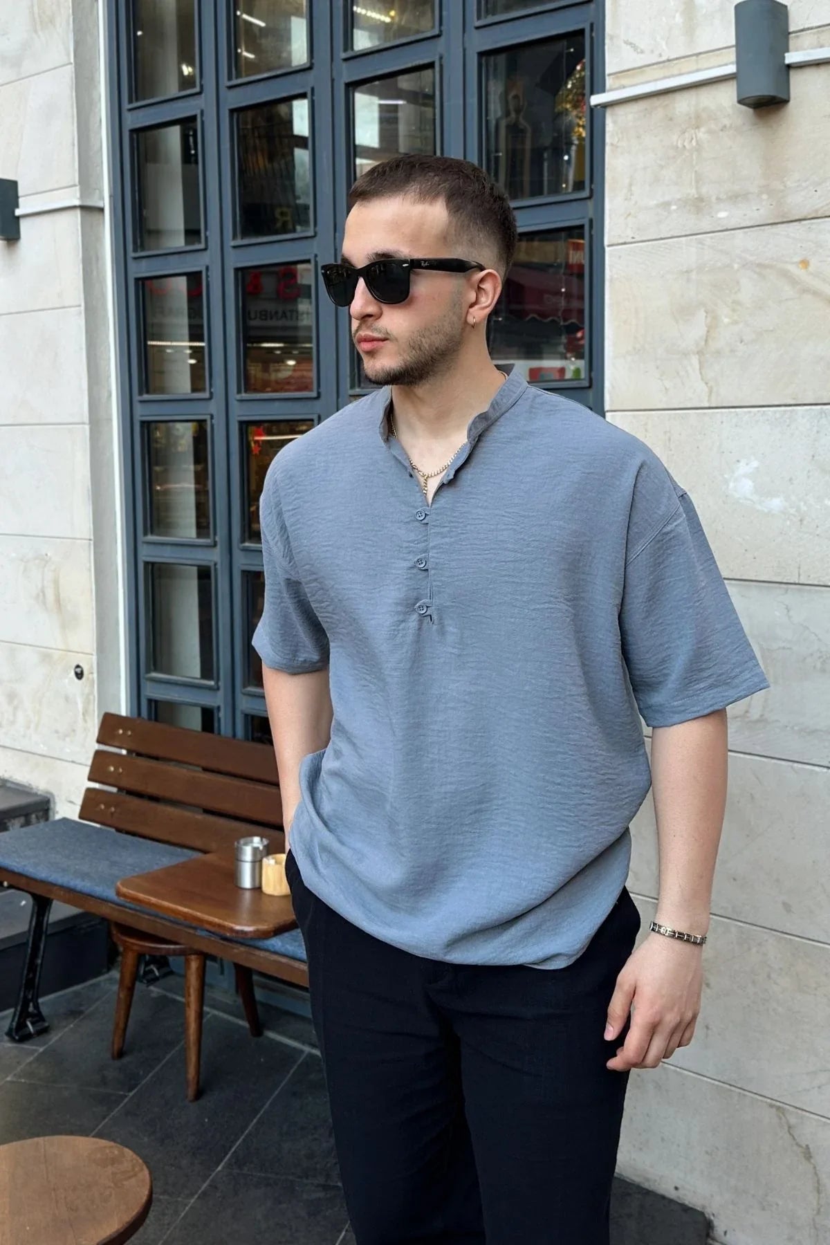 Soro Erkek Oversize Keten Görünümlü Kısa Kol Hakim Yaka Yarım Pat Gömlek - Livio Ferri