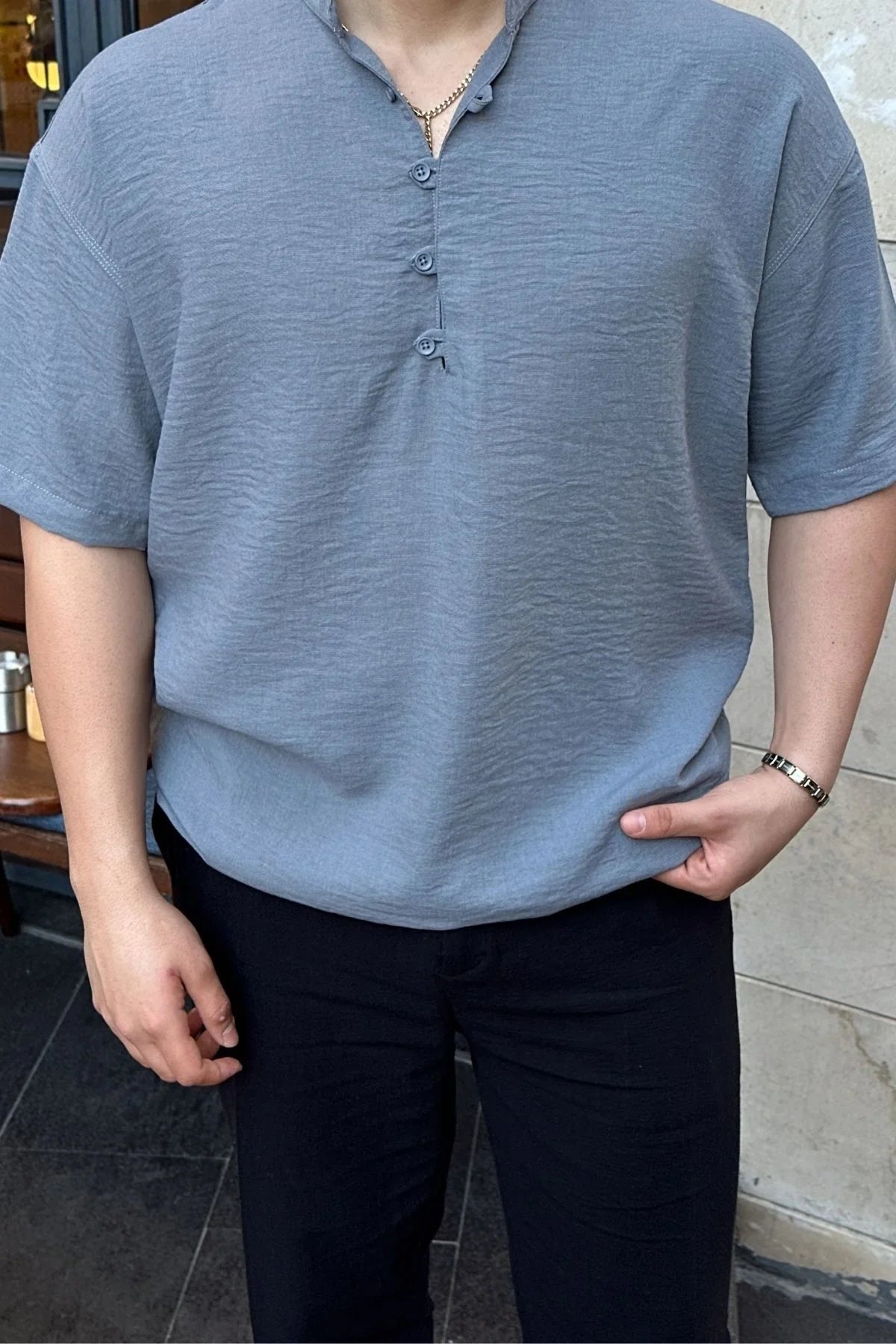 Soro Erkek Oversize Keten Görünümlü Kısa Kol Hakim Yaka Yarım Pat Gömlek - Livio Ferri