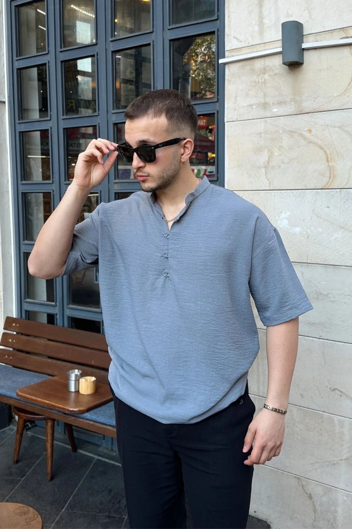 Soro Erkek Oversize Keten Görünümlü Kısa Kol Hakim Yaka Yarım Pat Gömlek - Livio Ferri