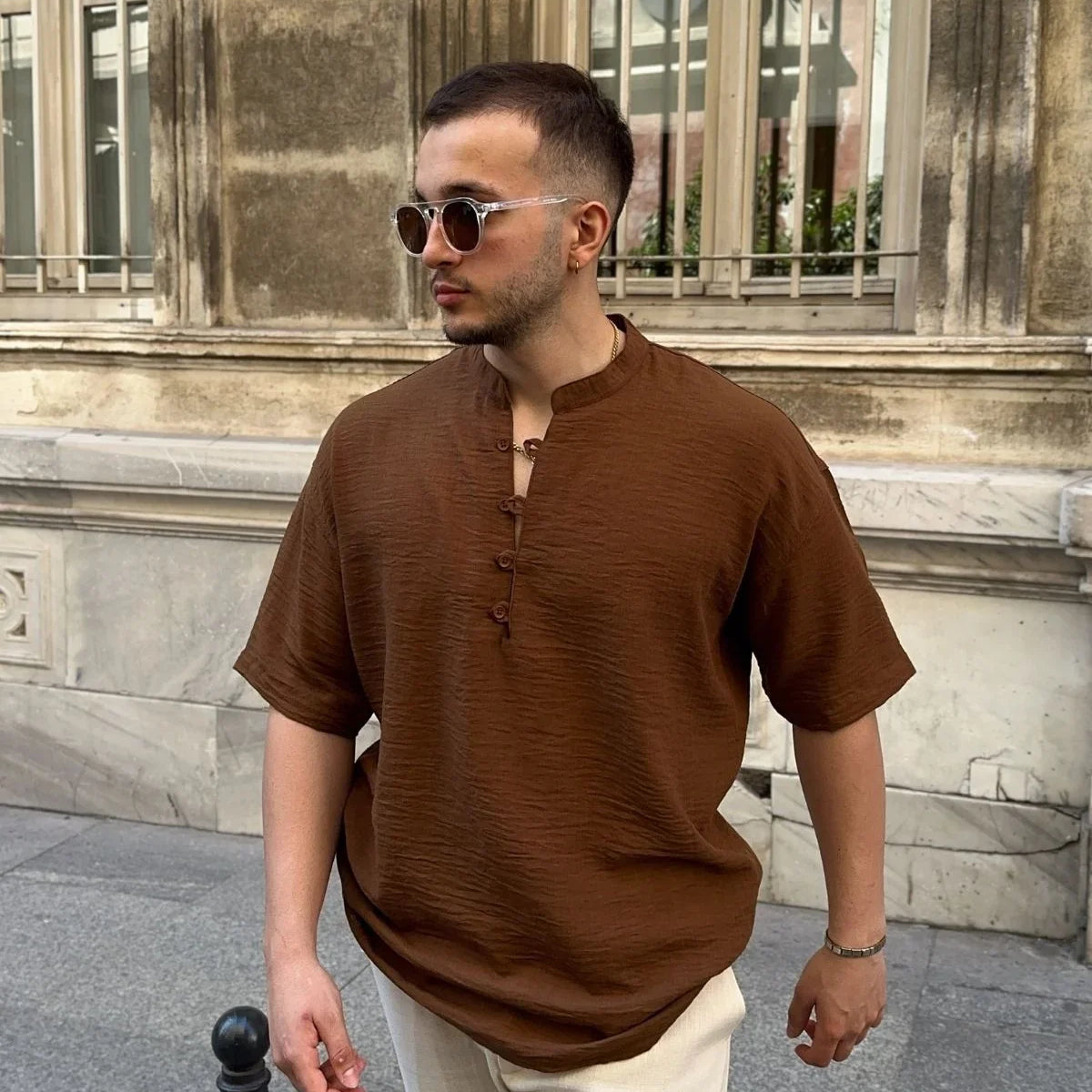 Soro Erkek Oversize Keten Görünümlü Kısa Kol Hakim Yaka Yarım Pat Gömlek