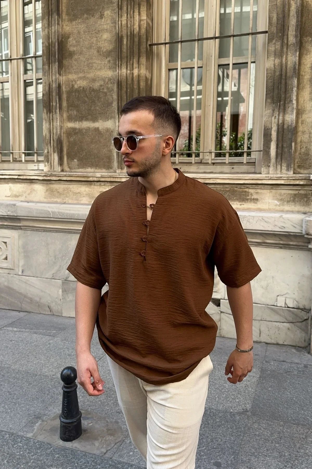 Soro Erkek Oversize Keten Görünümlü Kısa Kol Hakim Yaka Yarım Pat Gömlek - Livio Ferri