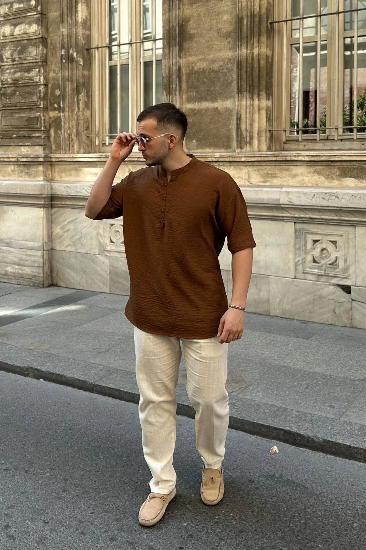 Soro Erkek Oversize Keten Görünümlü Kısa Kol Hakim Yaka Yarım Pat Gömlek - Livio Ferri