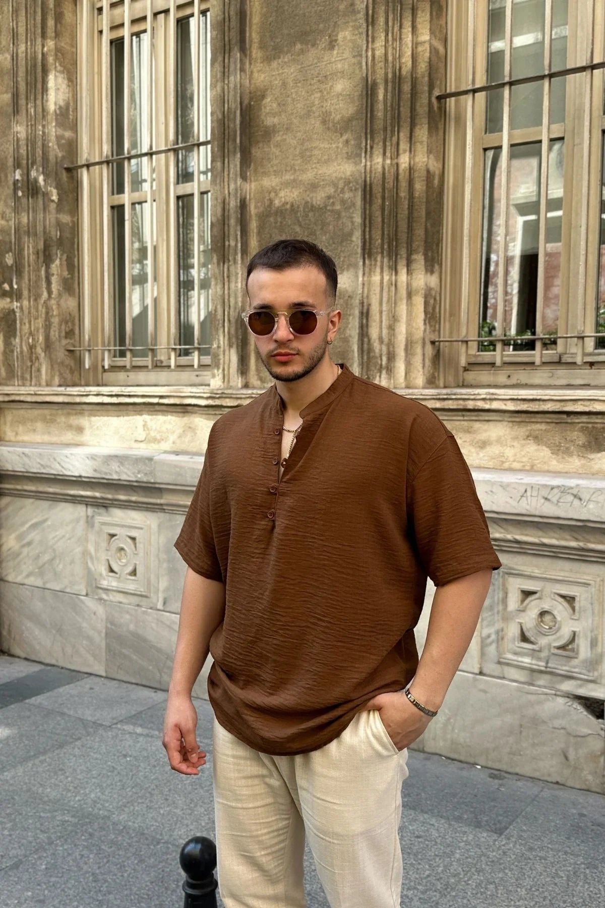 Soro Erkek Oversize Keten Görünümlü Kısa Kol Hakim Yaka Yarım Pat Gömlek - Livio Ferri