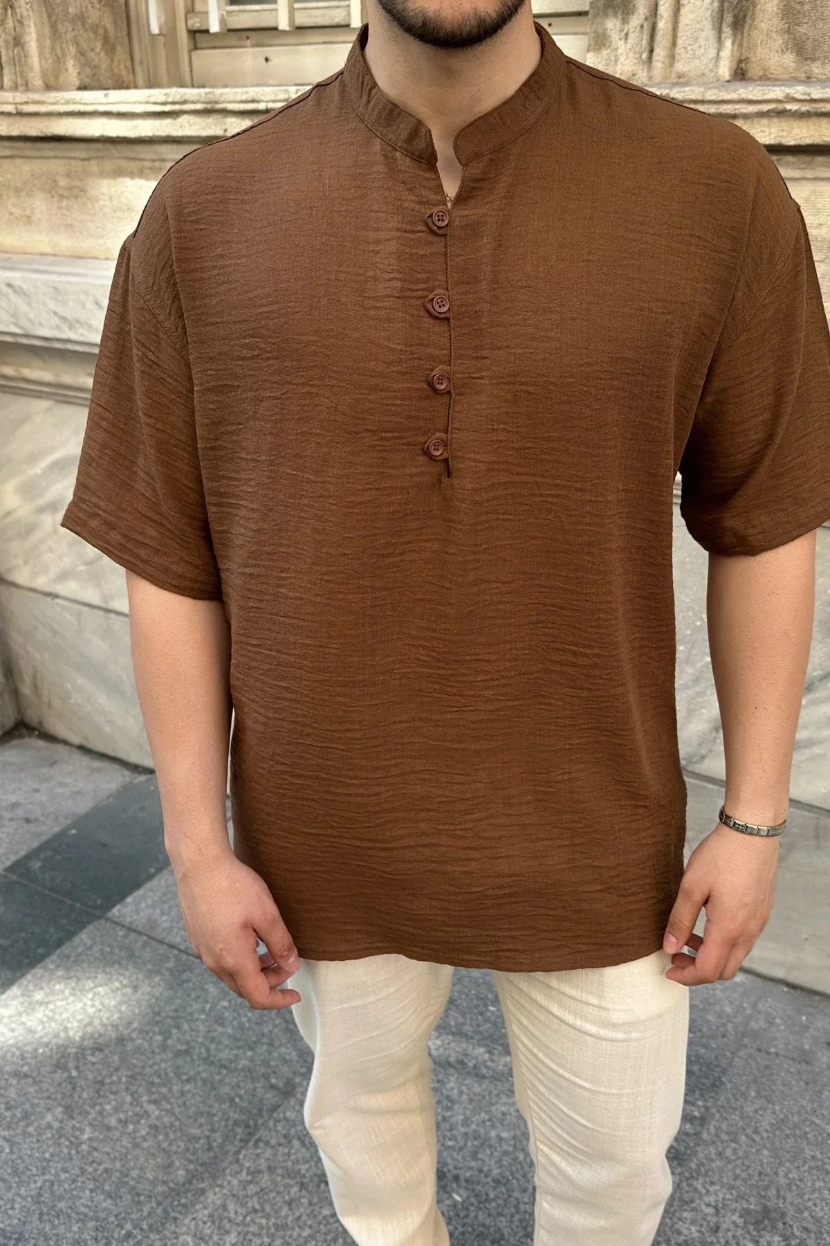 Soro Erkek Oversize Keten Görünümlü Kısa Kol Hakim Yaka Yarım Pat Gömlek - Livio Ferri