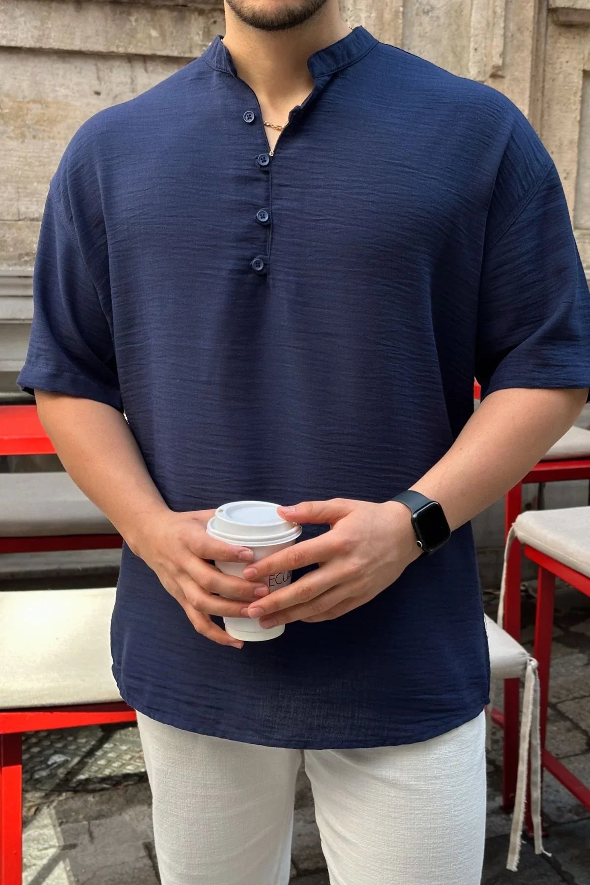 Soro Erkek Oversize Keten Görünümlü Kısa Kol Hakim Yaka Yarım Pat Gömlek - Livio Ferri